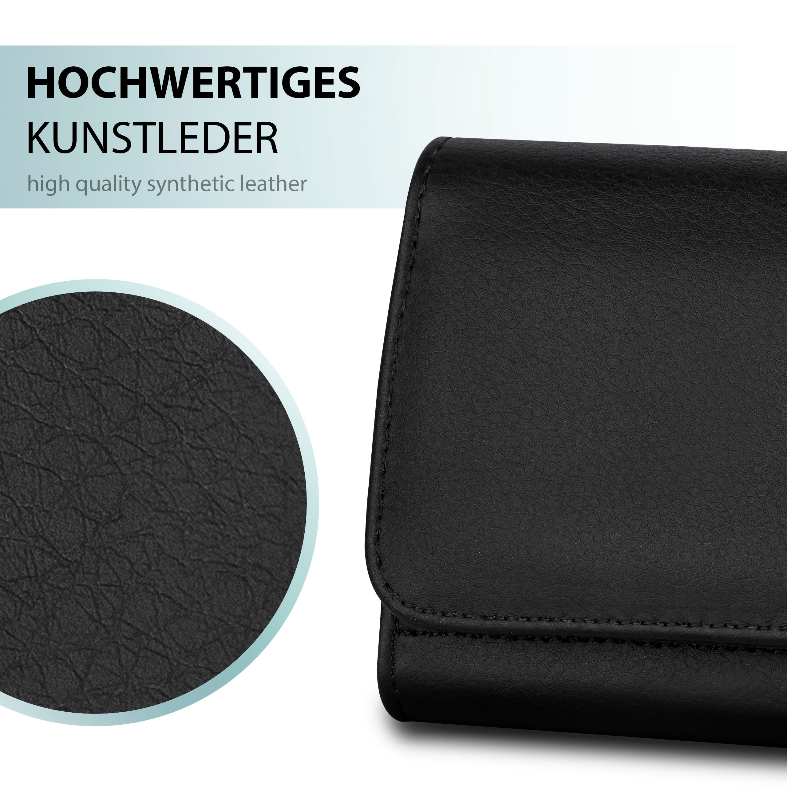 Eine schwarze Leder-Handyhülle mit Nahaufnahme der Lederstruktur.