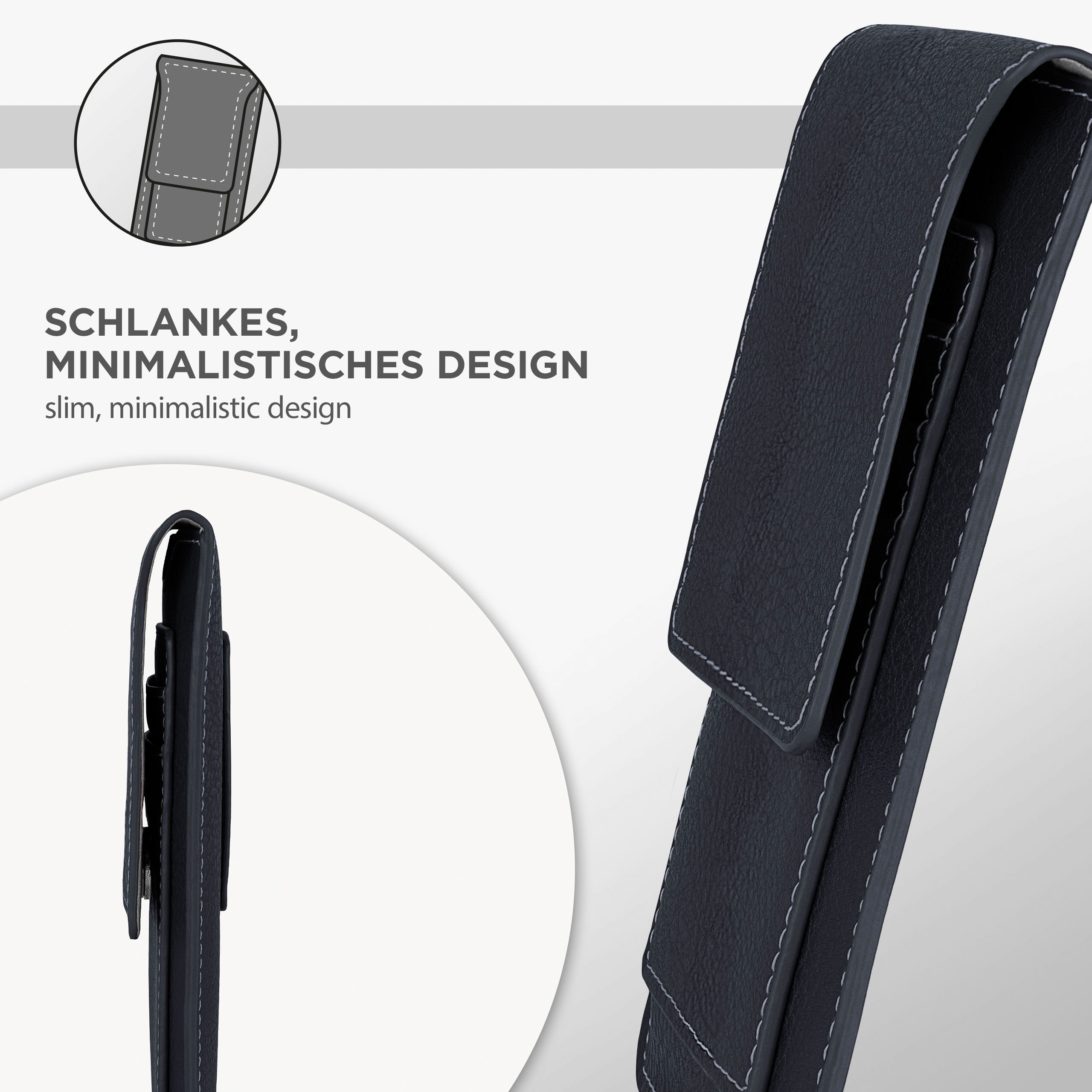 Eine schlanke, minimalistische dunkelblaue Handyhülle. Das Design ist elegant und einfach mit weißen Nähten.