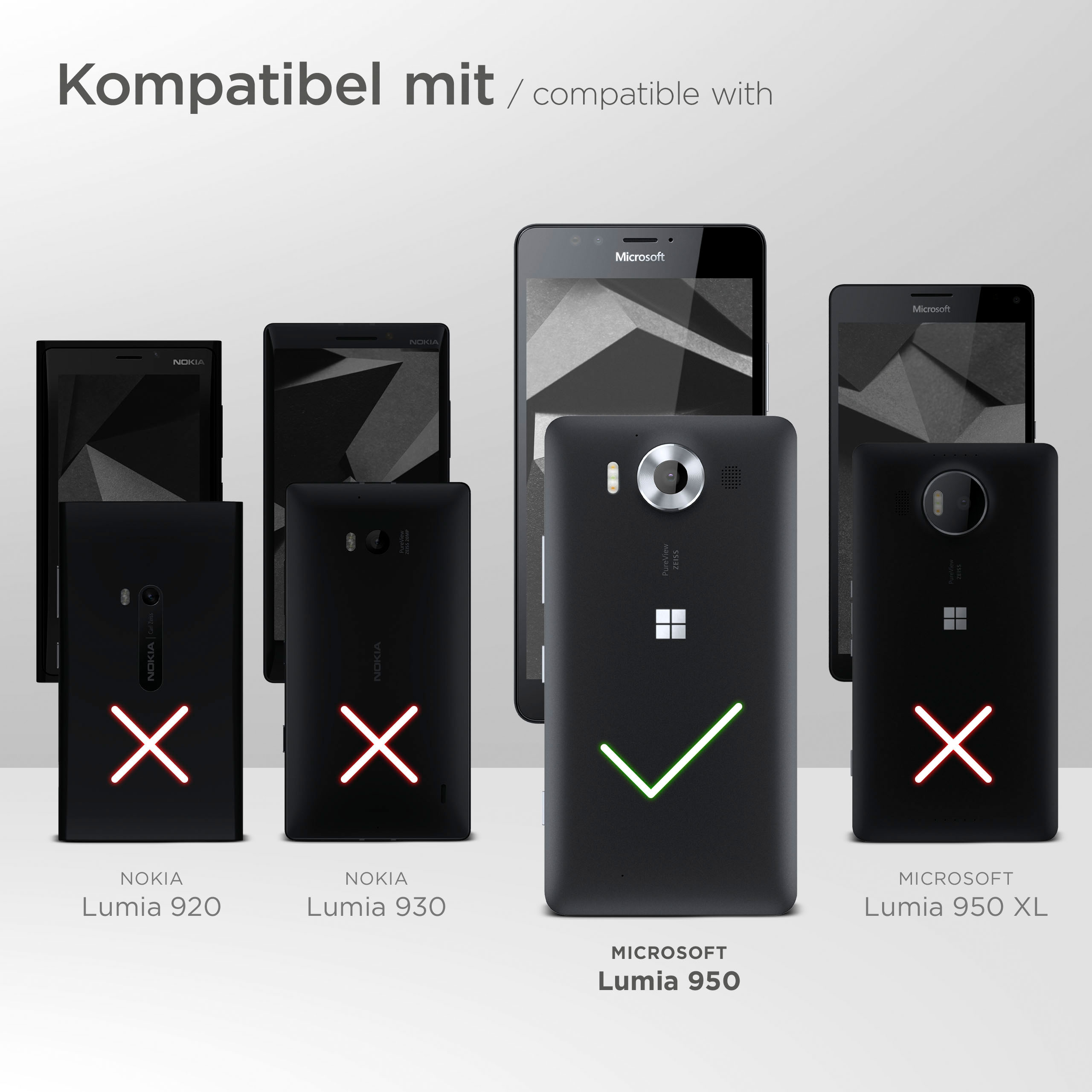 Telefone sind abgebildet, kompatibel und inkompatibel, mit einem Häkchen beim Microsoft Lumia 950.