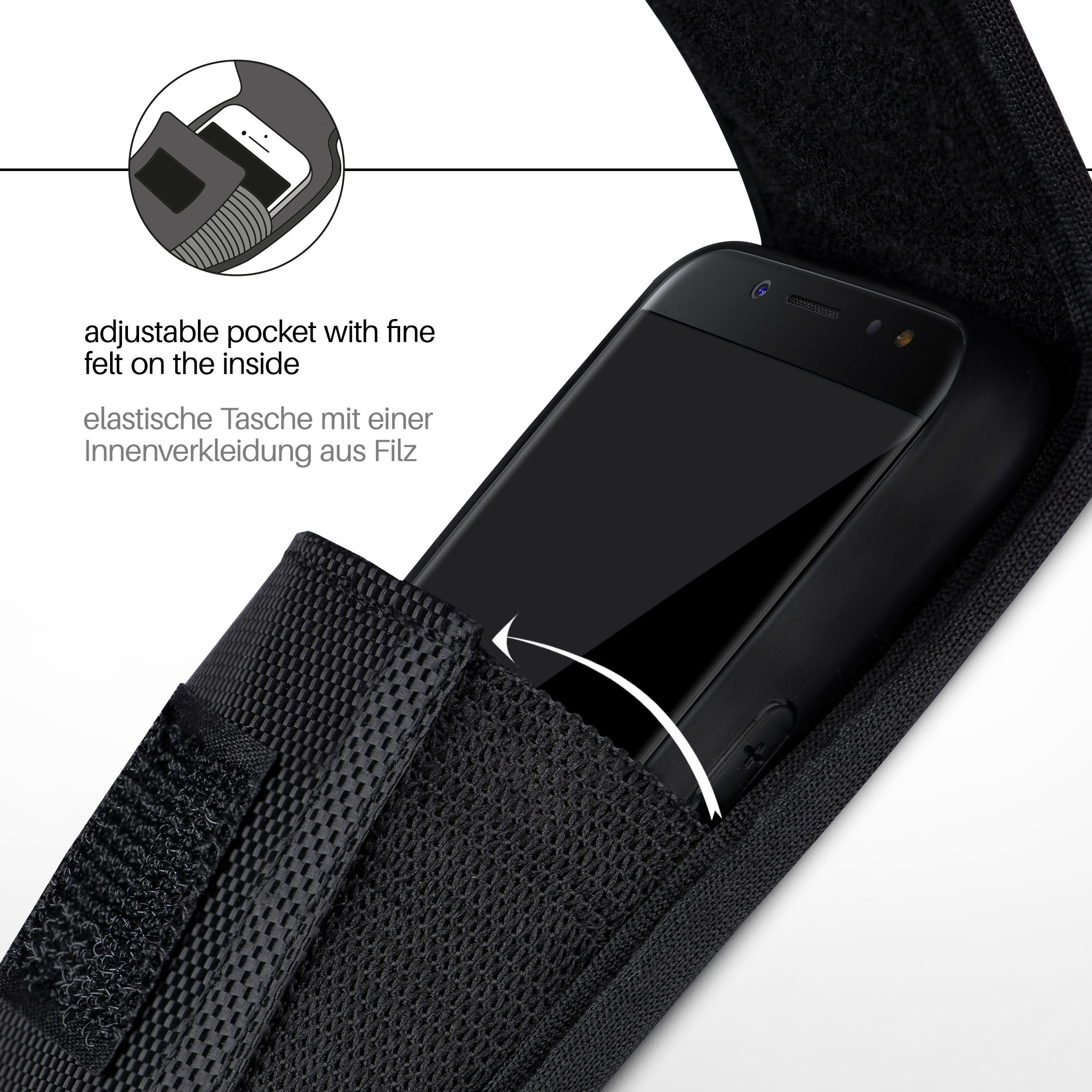 Eine schwarze Handytasche mit verstellbarer Tasche und einem Telefon darin.