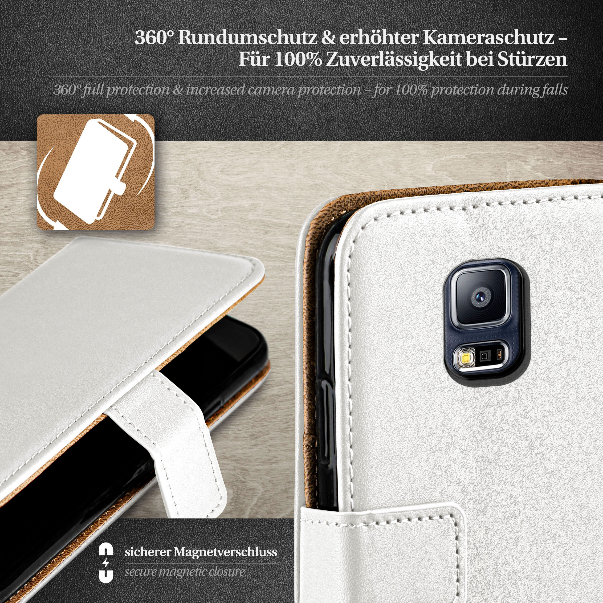 Weiße Handyhülle, offen, Telefon zeigend. Magnetverschluss unten.