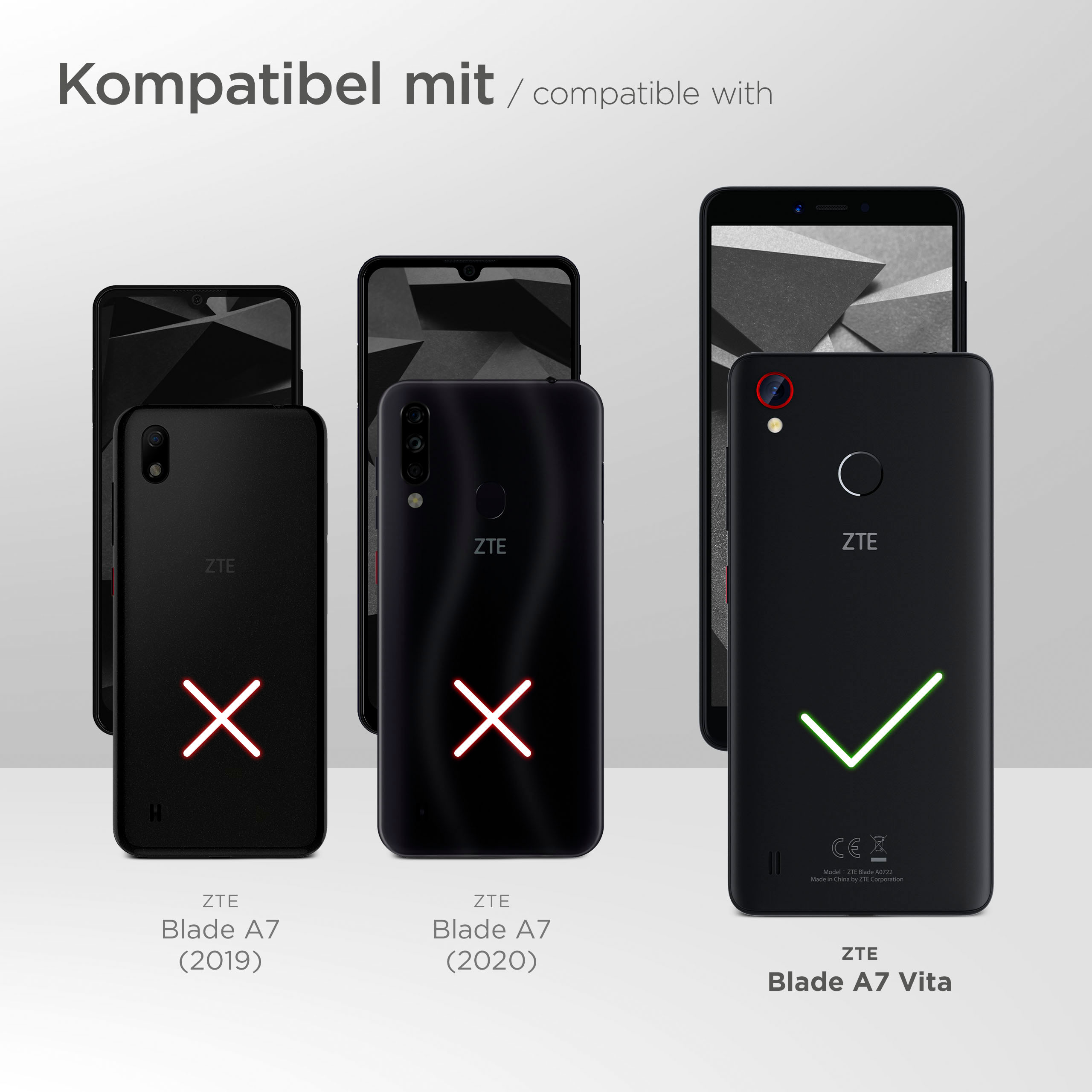 Bild zeigt mehrere ZTE-Telefone. Eines ist kompatibel (grünes Häkchen), andere inkompatibel (rotes X).