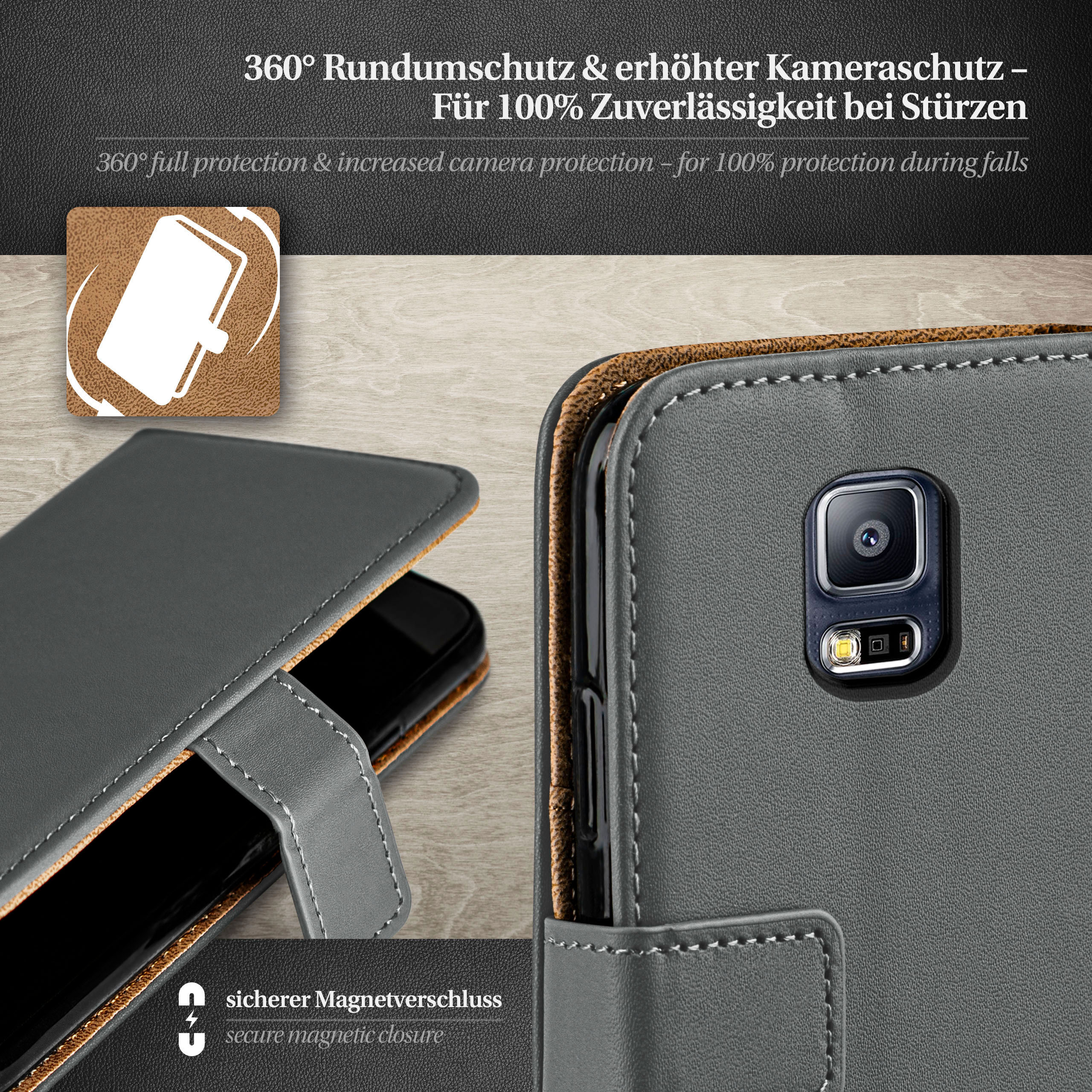 Graue Handyhülle mit Telefon. Schutz der Kamera. Brauner Hintergrund mit Text.