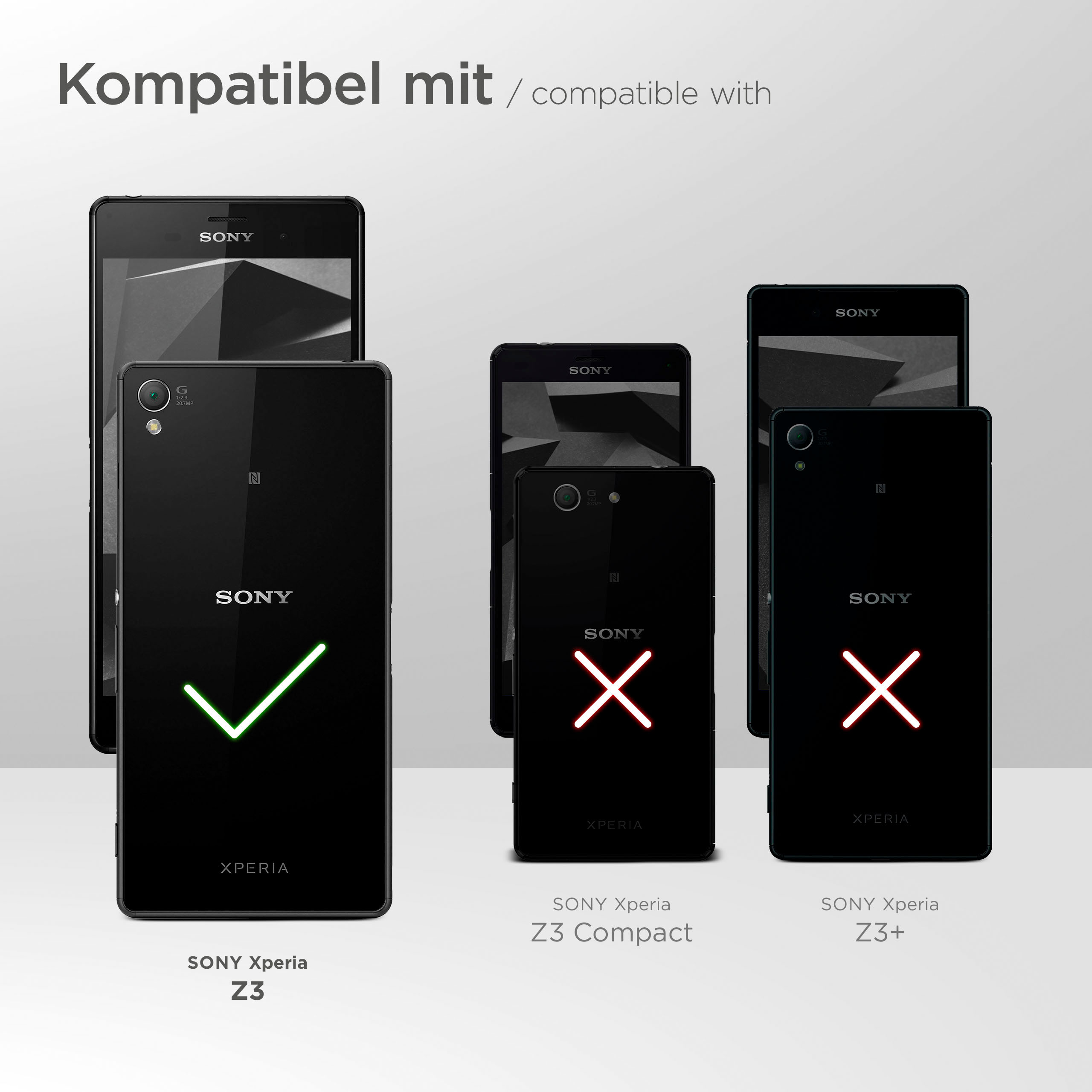 Grafik mit Sony Xperia-Telefonen. Nur Z3 kompatibel, wie gezeigt.