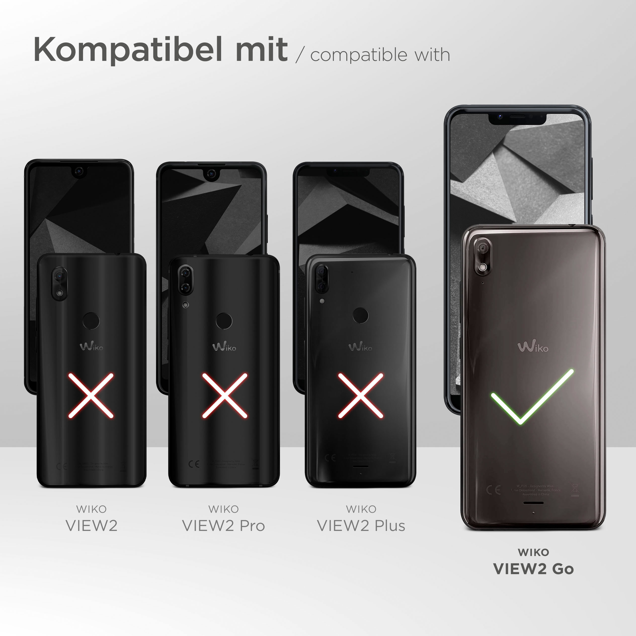 Ein Vergleich von Telefonmodellen mit Kompatibilitätsprüfzeichen und Kreuzen auf der Rückseite.