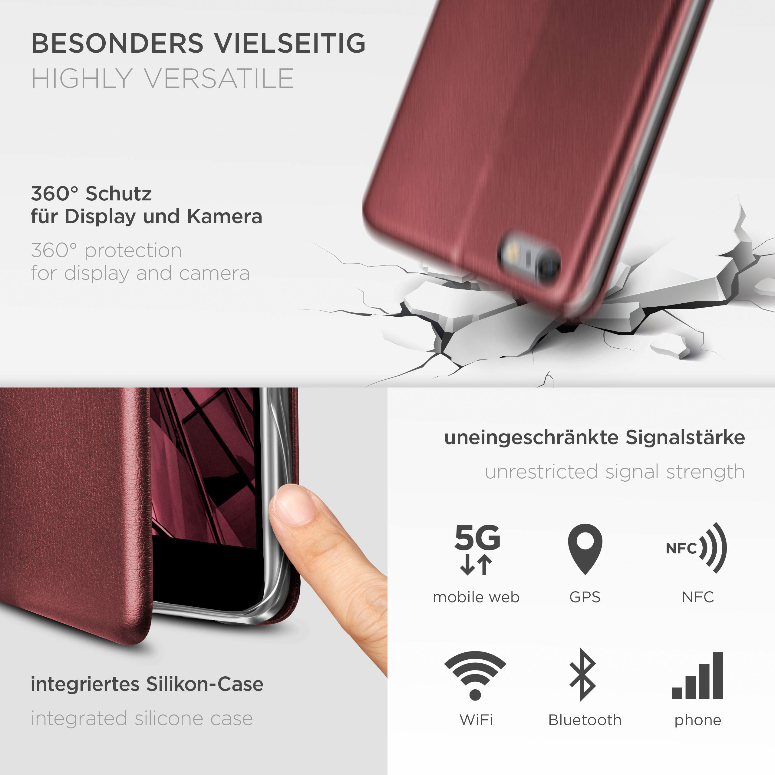 Rote Handyhülle mit teilweise sichtbarem Telefon. Enthält 5G-, GPS-, NFC-, WLAN-, Bluetooth- und Telefon-Symbole.