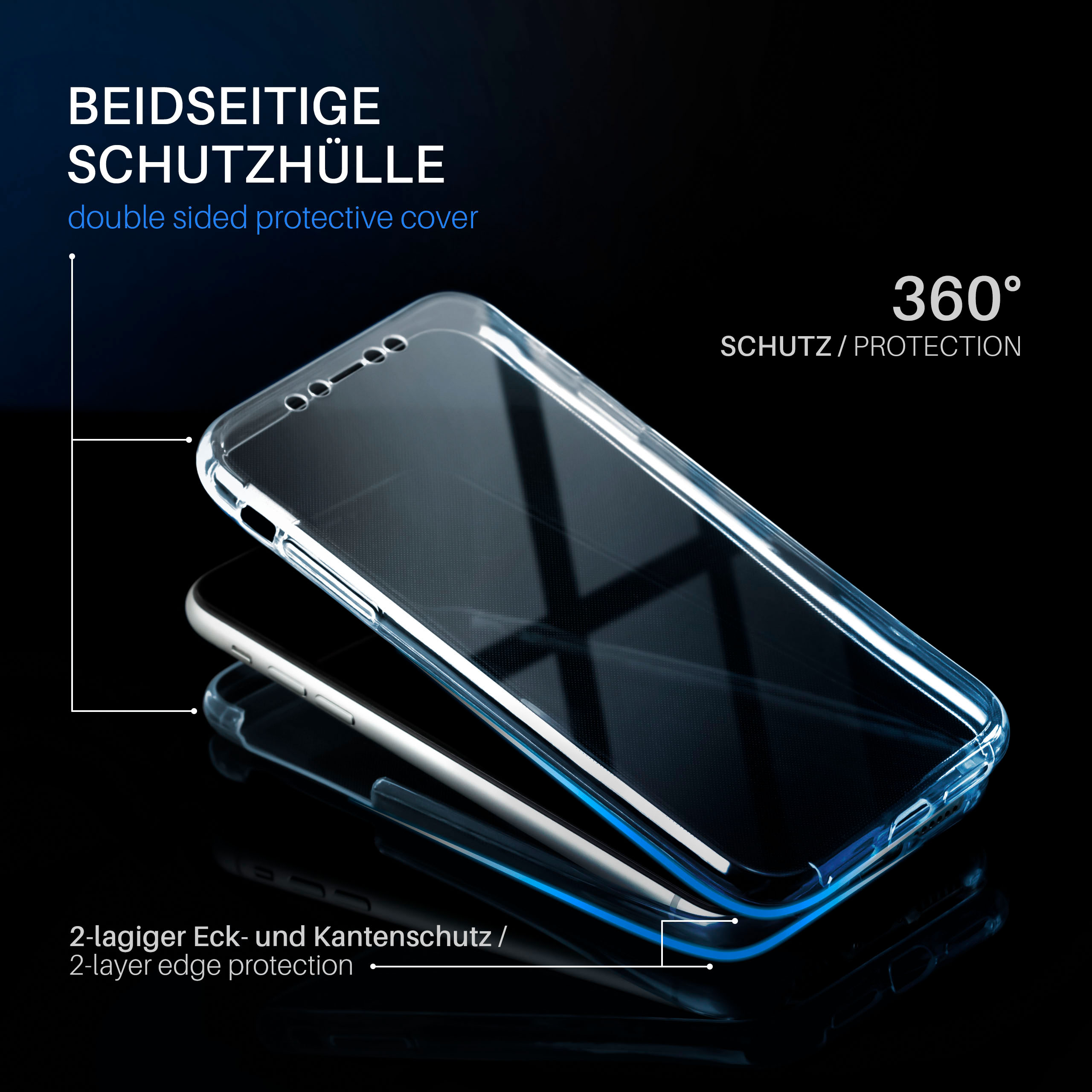 Transparente doppelseitige Handyhülle. Telefon innen. Pfeile zeigen Schutz. Schwarzer Hintergrund.