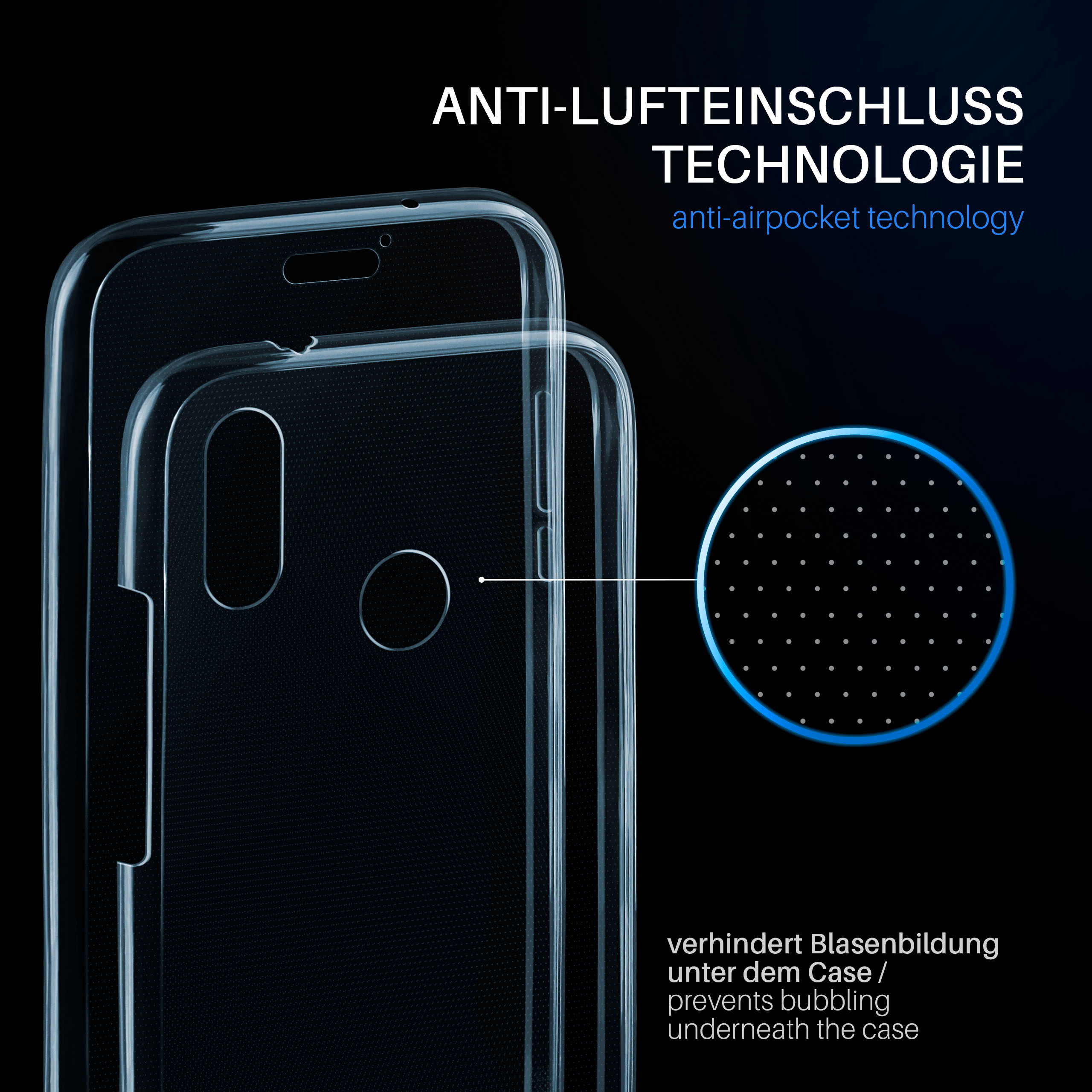 Transparente Handyhülle. Text: Anti-Lufteinschluss-Technologie. Kreis zeigt Punkte. Verhindert Blasenbildung.