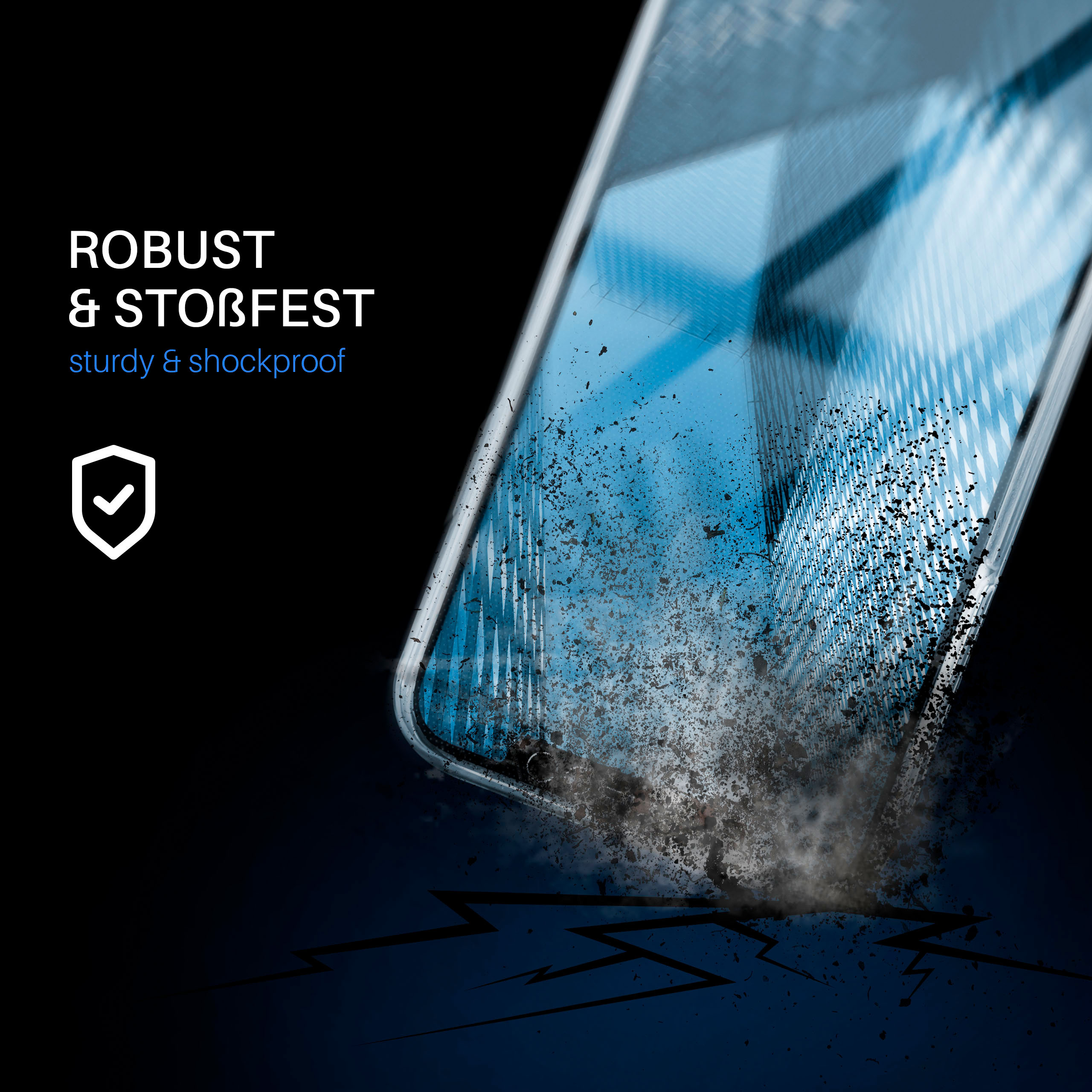 Ein Telefonbildschirm zerbricht mit blauem Hintergrund. Text: robust & stoßfest, robust & stoßfest.