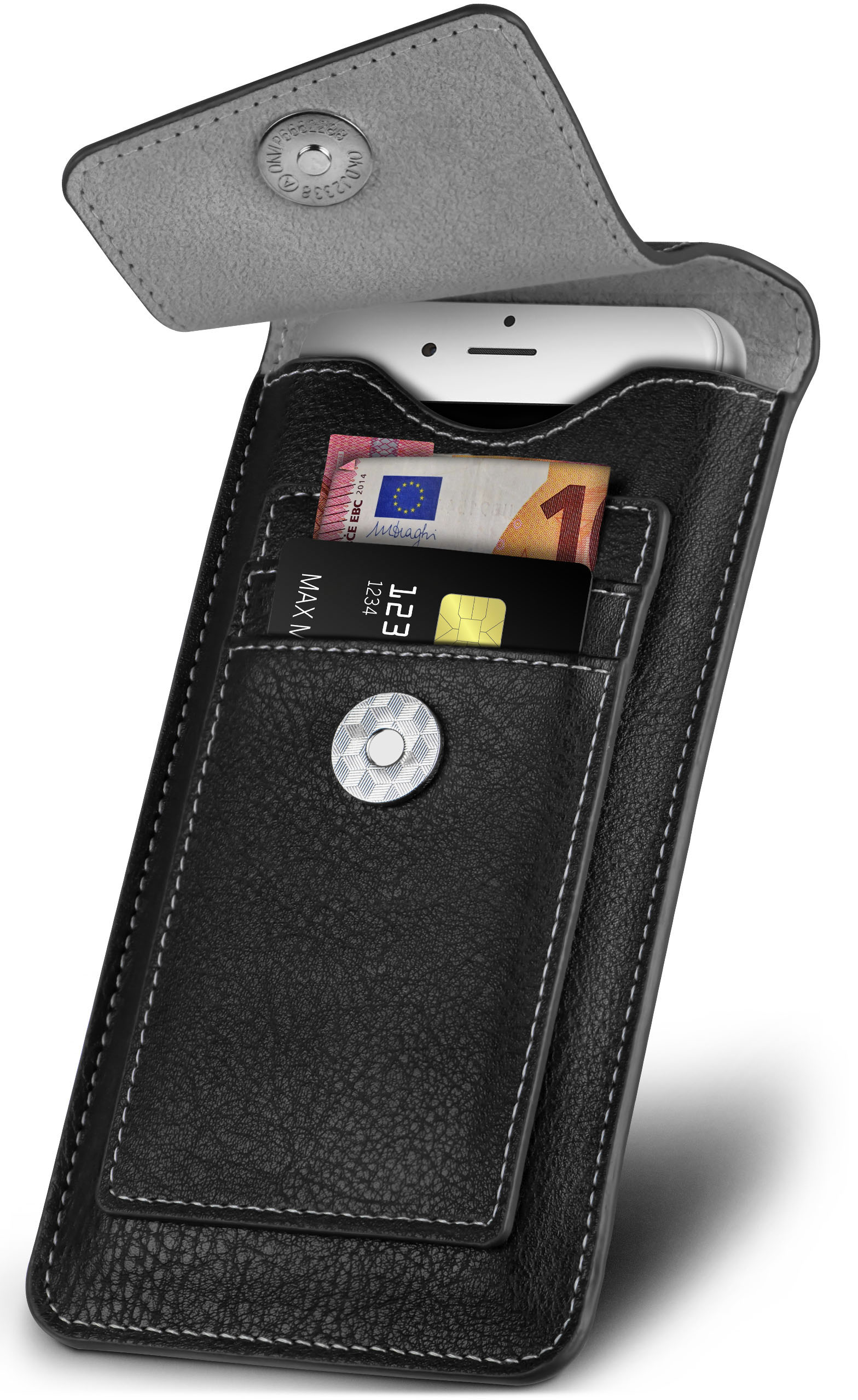 Schwarzes Leder-Handycase mit weißem Handy, Karten und Euro-Scheinen. Hülle hat eine Klappe.