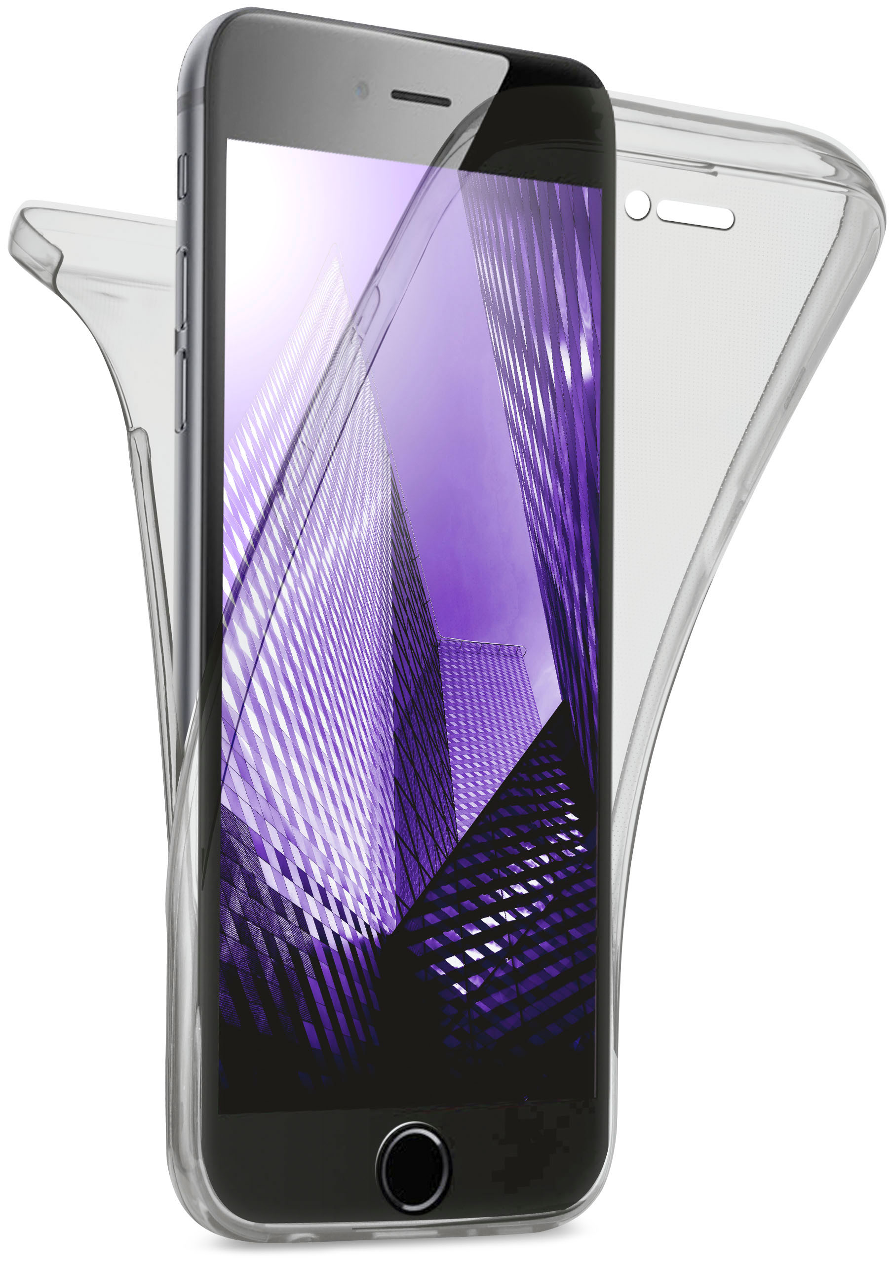 Telefon in einer transparenten Kunststoffhülle, die einen lila Stadtblick zeigt.
