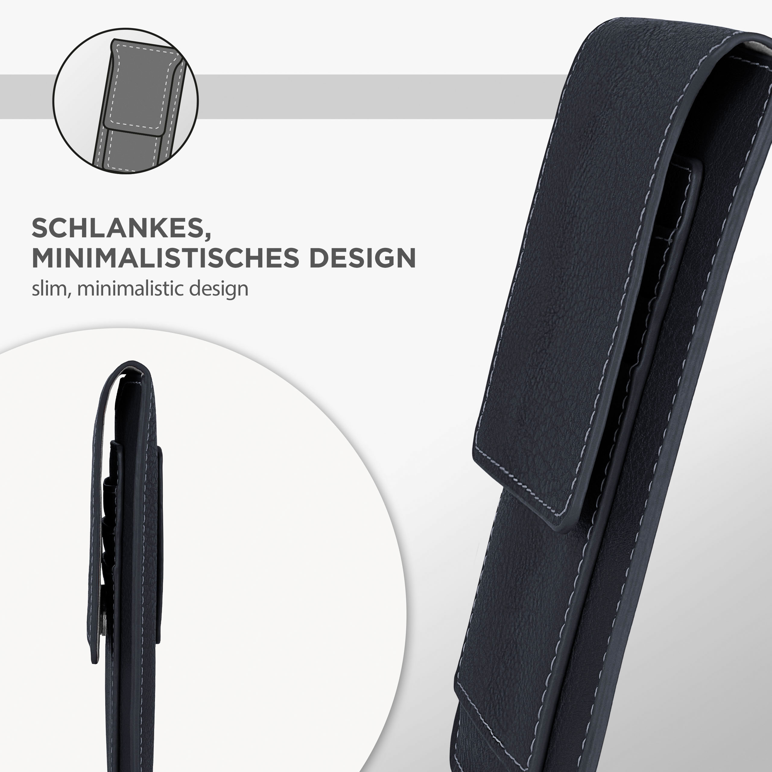 Schwarze Leder-Handyhülle mit weißen Nähten. Text: Schlankes, minimalistisches Design.