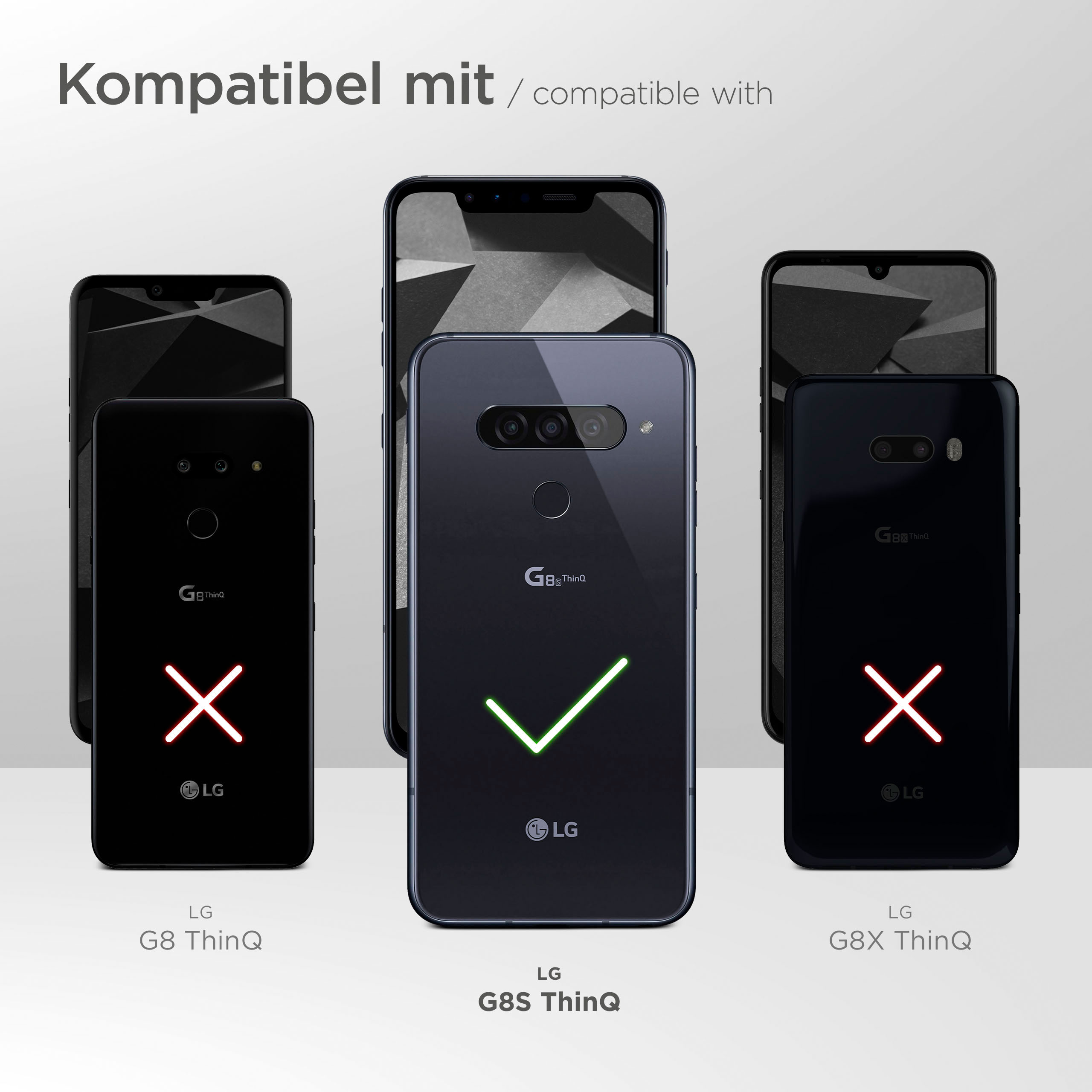 Smartphones mit Hüllen, einige mit X markiert, andere mit Häkchen, Text oben.