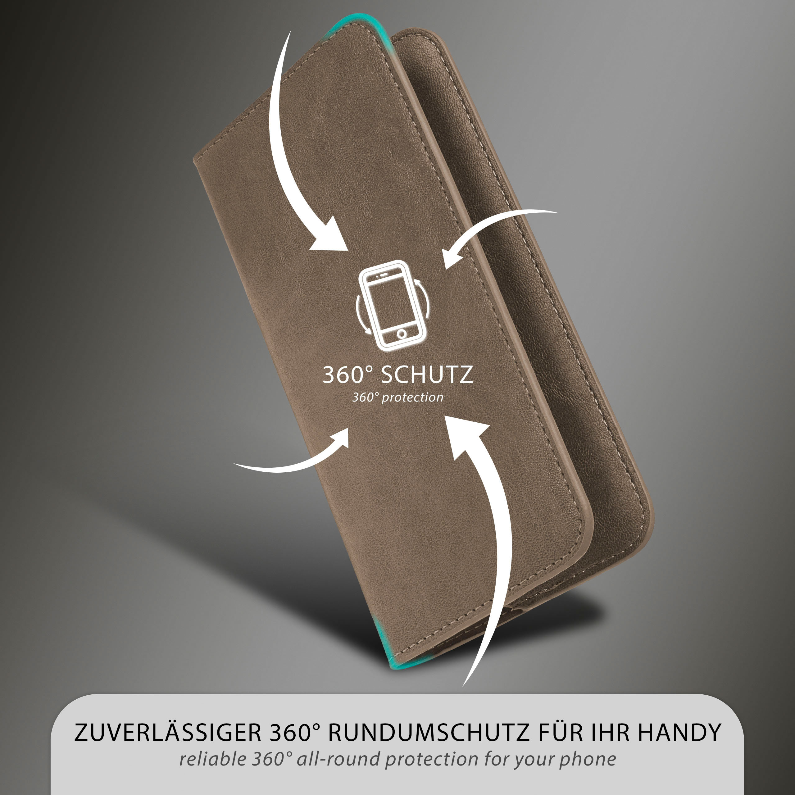 Eine Handyhülle mit Pfeilen, die 360°-Schutz anzeigen, und Text, der zuverlässigen Rundumschutz für das Telefon angibt.