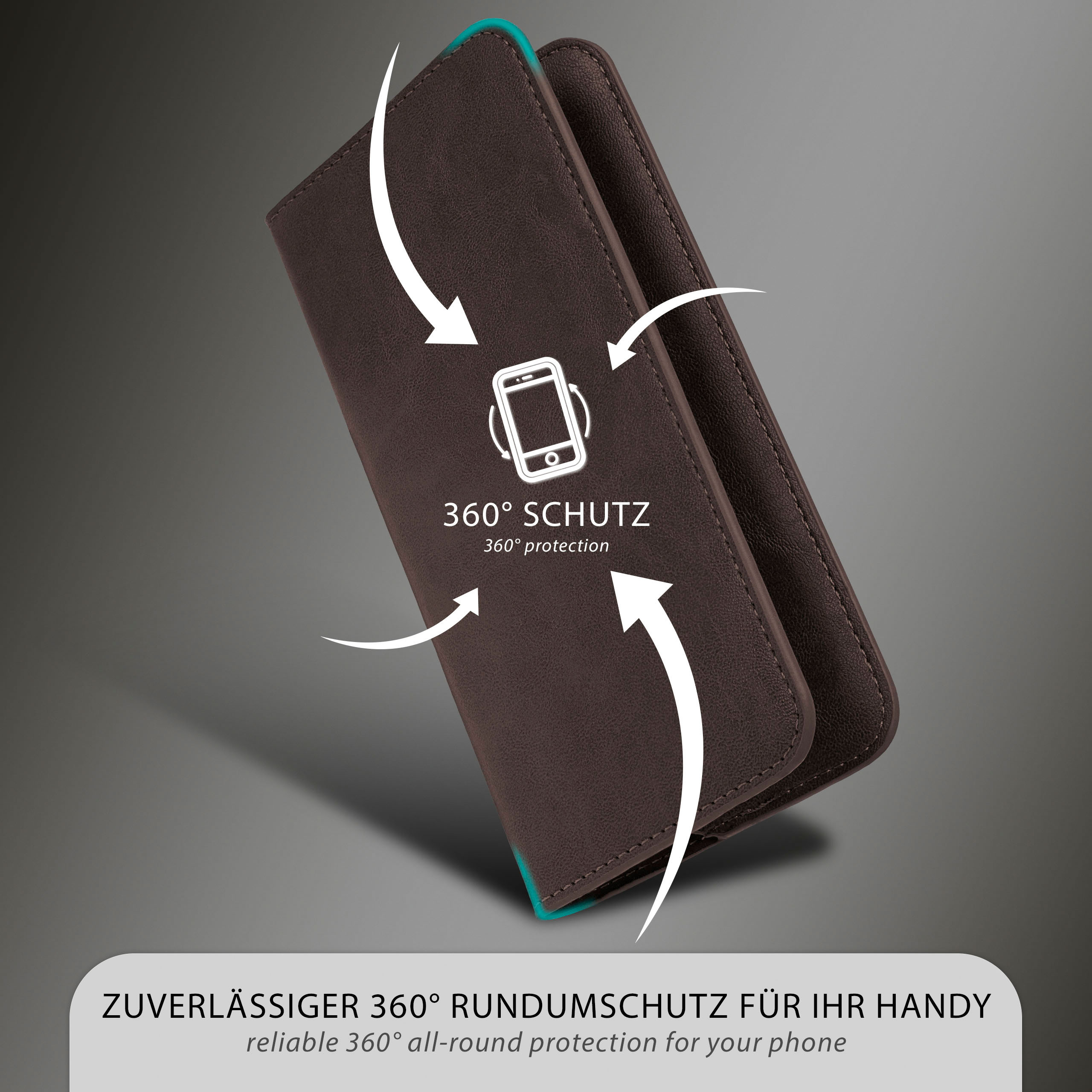 Braune Handyhülle mit Pfeilen, die 360° Schutz zeigen.