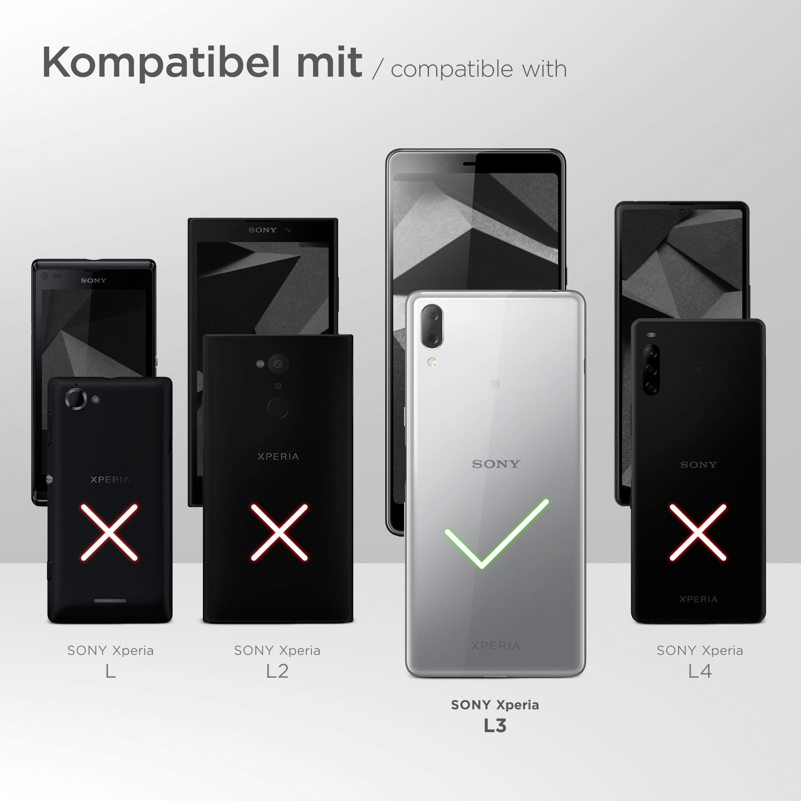 Das Bild zeigt mehrere Telefone mit Häkchen und Kreuzen, die die Kompatibilität anzeigen.