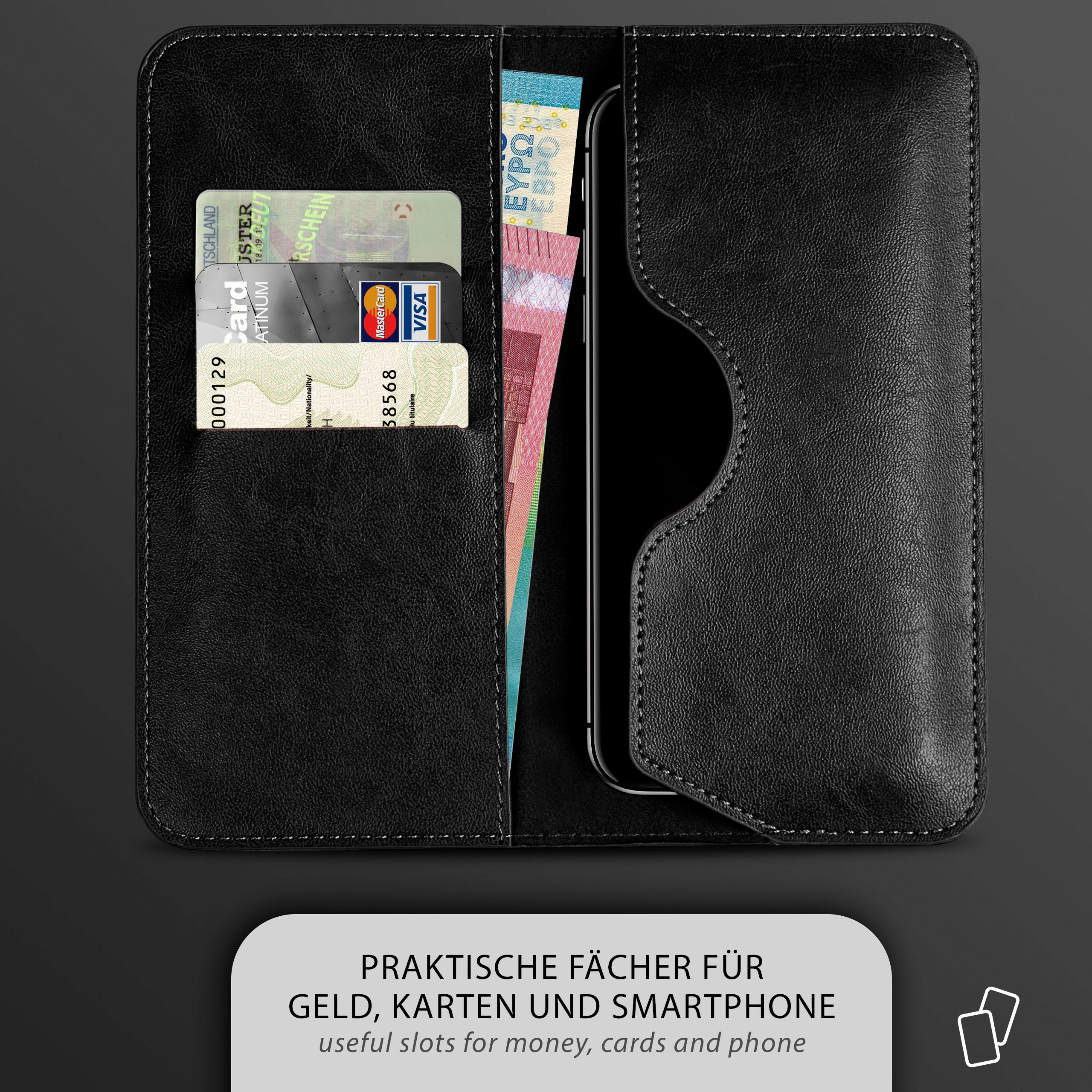 In einer schwarzen Handyhülle, Karten, Bargeld und das Telefon zeigend.