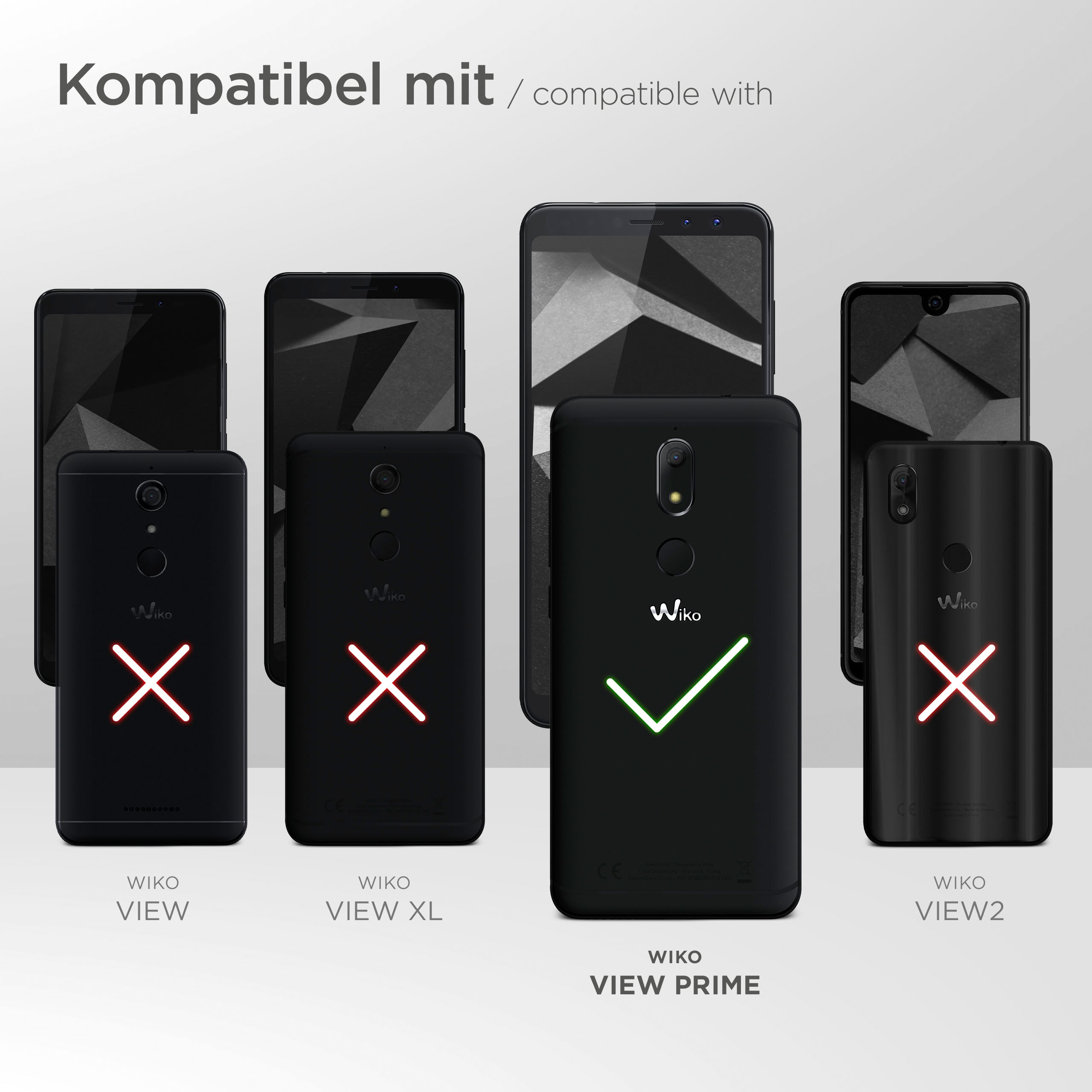 Sechs Telefone und der Text 'Kompatibel mit / compatible with', einige mit roten 'X' und grünem Haken.