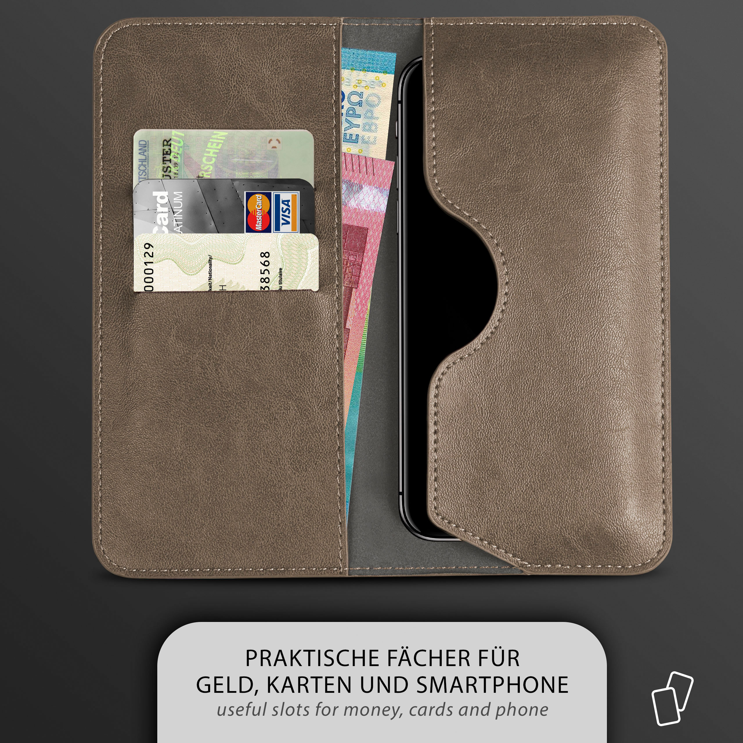 Geöffnete braune Lederbrieftasche mit Kreditkarten, Geld und einem Smartphone im Inneren. Dunkler Hintergrund.