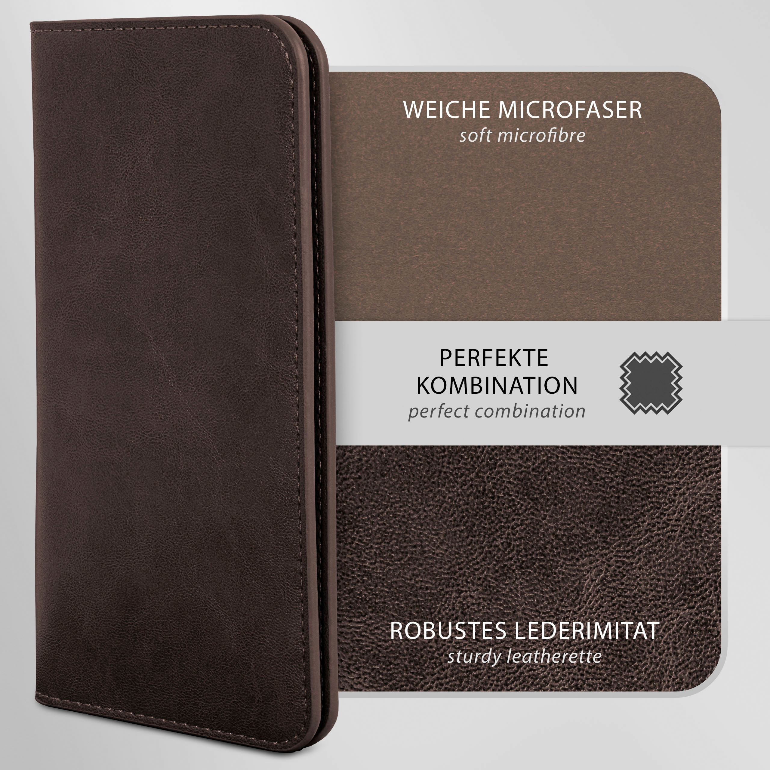 Geschlossene, braune Ledertasche. Eine Probe aus Kunstleder und Mikrofaser. Text: perfekte Kombination.