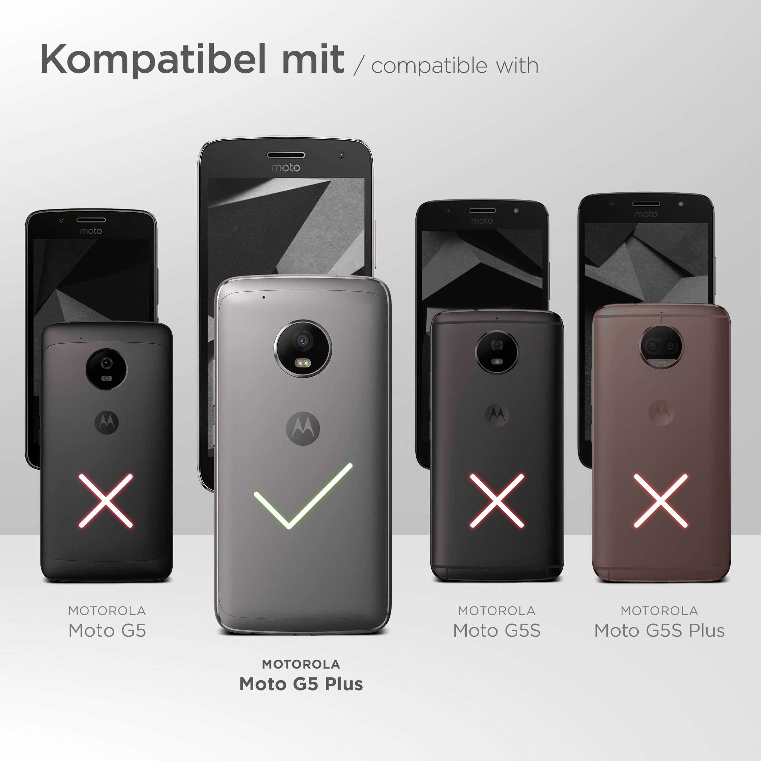 Vergleich von Motorola-Telefonen mit Handyhüllen. Nur Moto G5 Plus ist kompatibel, durch Häkchen gekennzeichnet.
