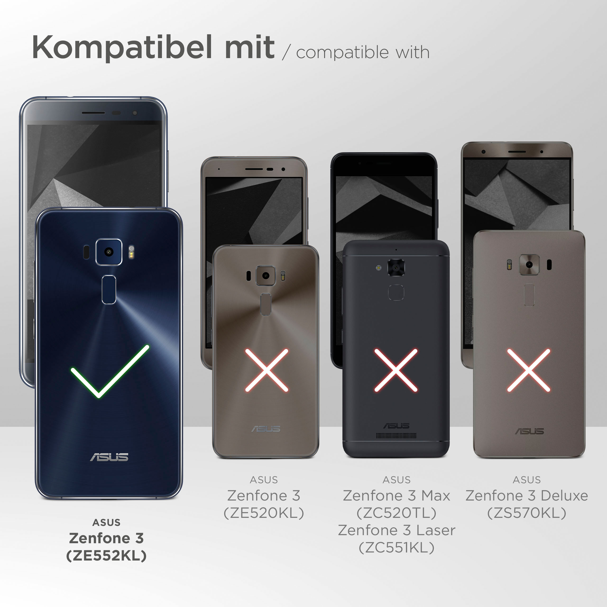 Bild zeigt mehrere ASUS-Telefone. Eines ist kompatibel (grünes Häkchen), andere inkompatibel (rotes X).