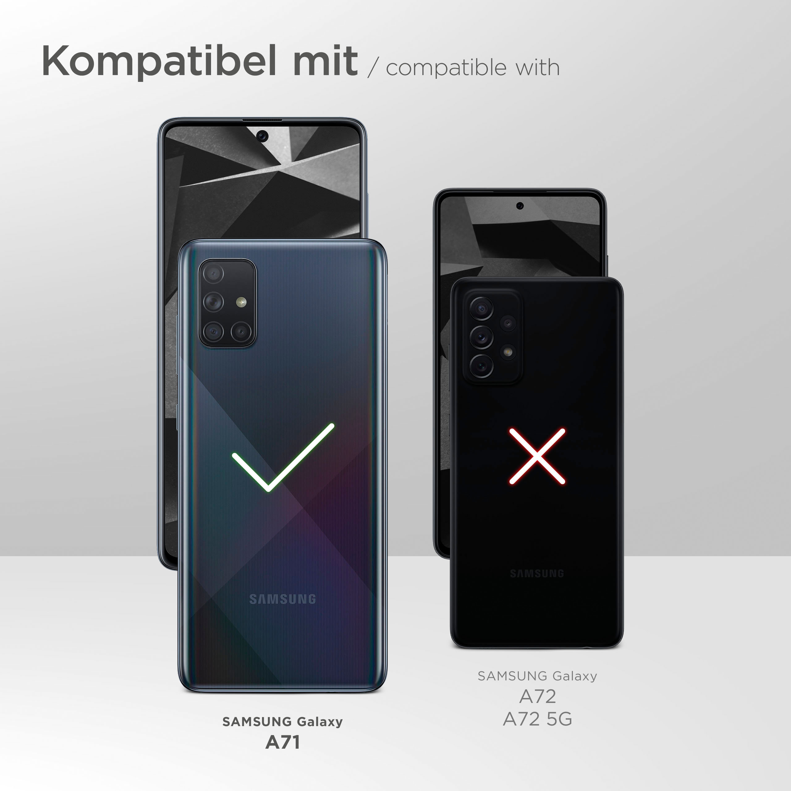 Drei Handys gezeigt; eins mit Häkchen, zwei mit X. Das erste Handy ist kompatibel.