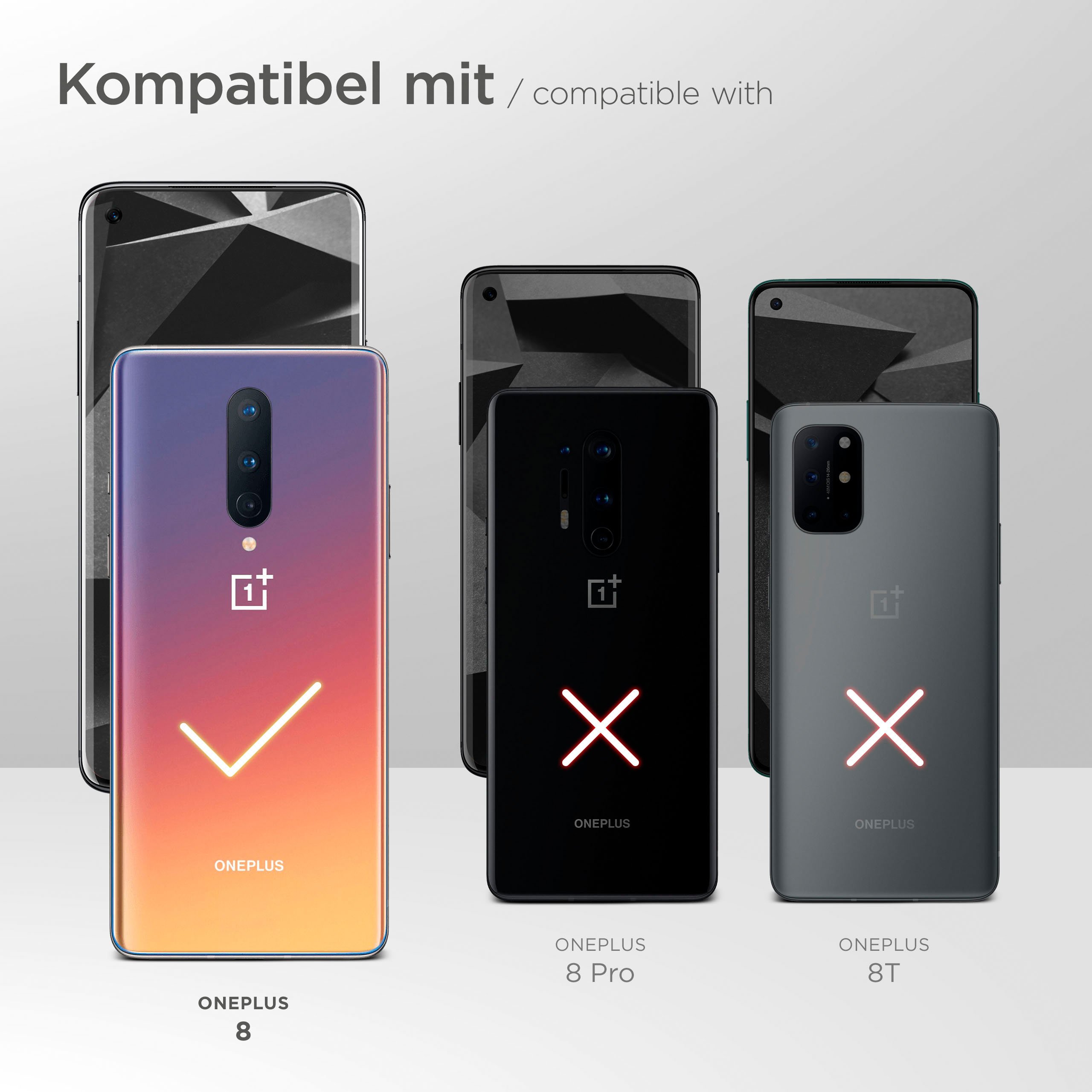 Mehrere Smartphones. Eines mit Häkchen, andere mit X markiert, Marke ONEPLUS.