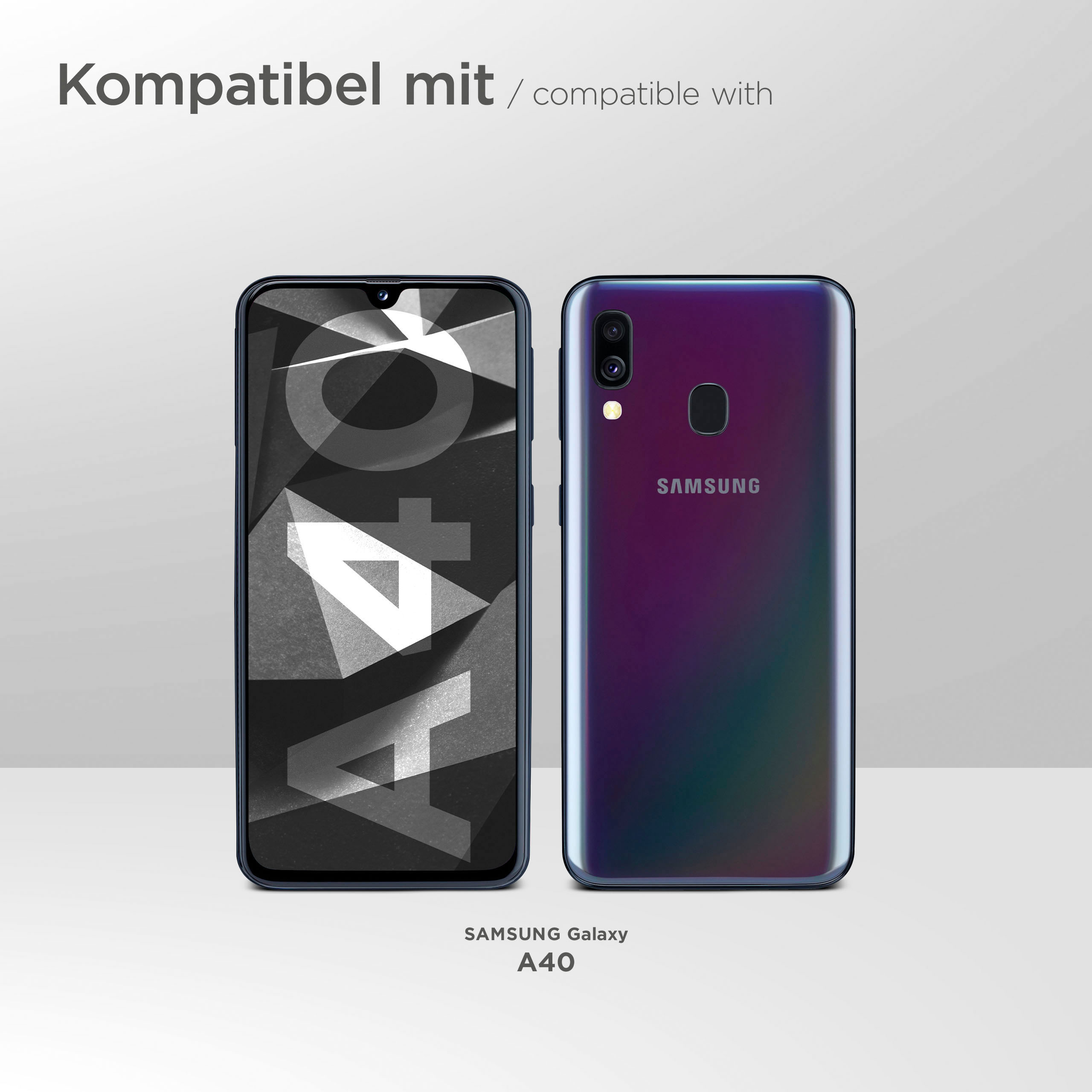 Zwei Samsung Galaxy A40-Telefone, eines zeigt die Vorderseite, das andere die Rückseite.