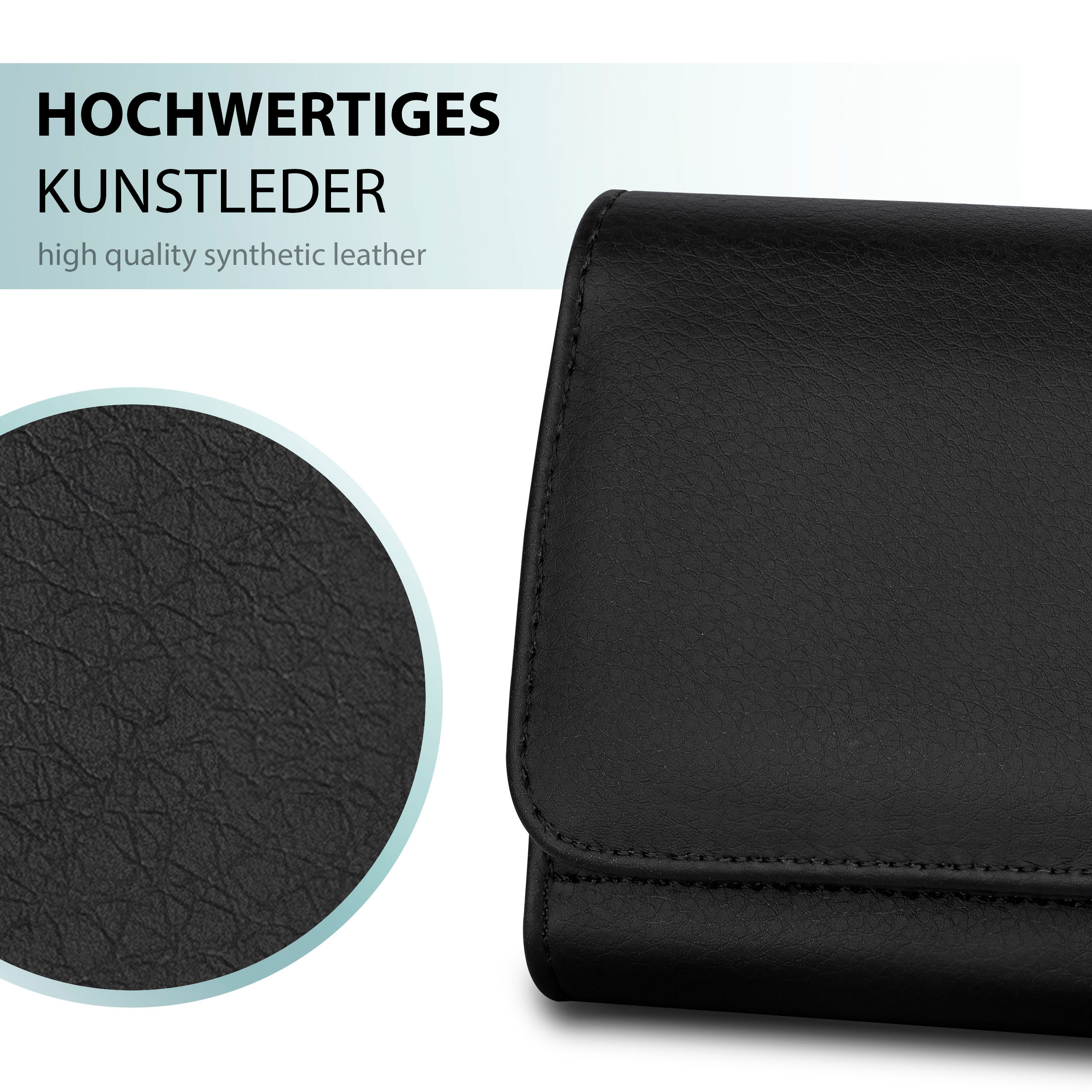 Schwarze Handyhülle aus hochwertigem Kunstleder. Text: Hochwertiges Kunstleder. Nahaufnahme der Textur.