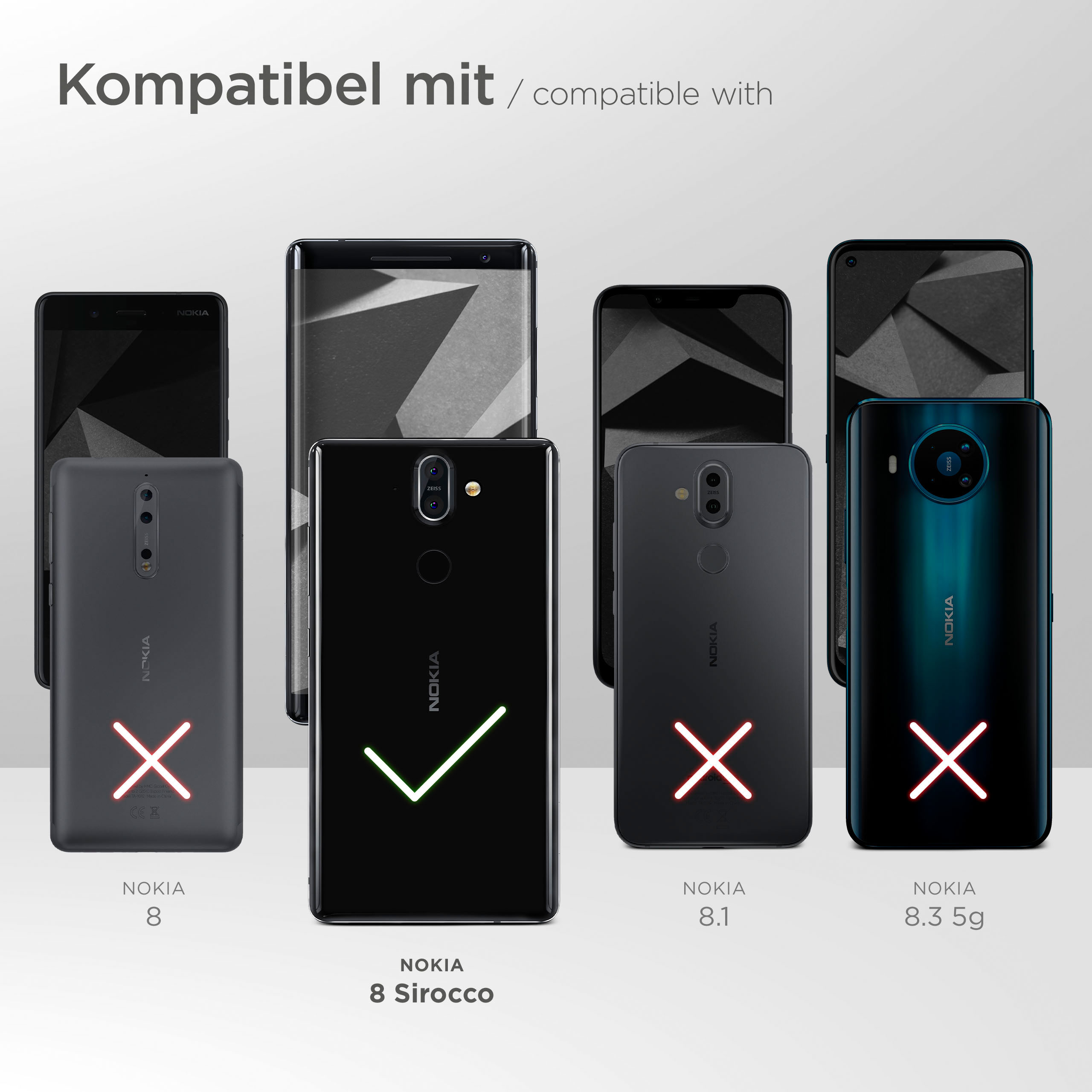 Kompatibilitätstabelle für Smartphones. Nokia 8 Sirocco ist kompatibel, andere nicht.