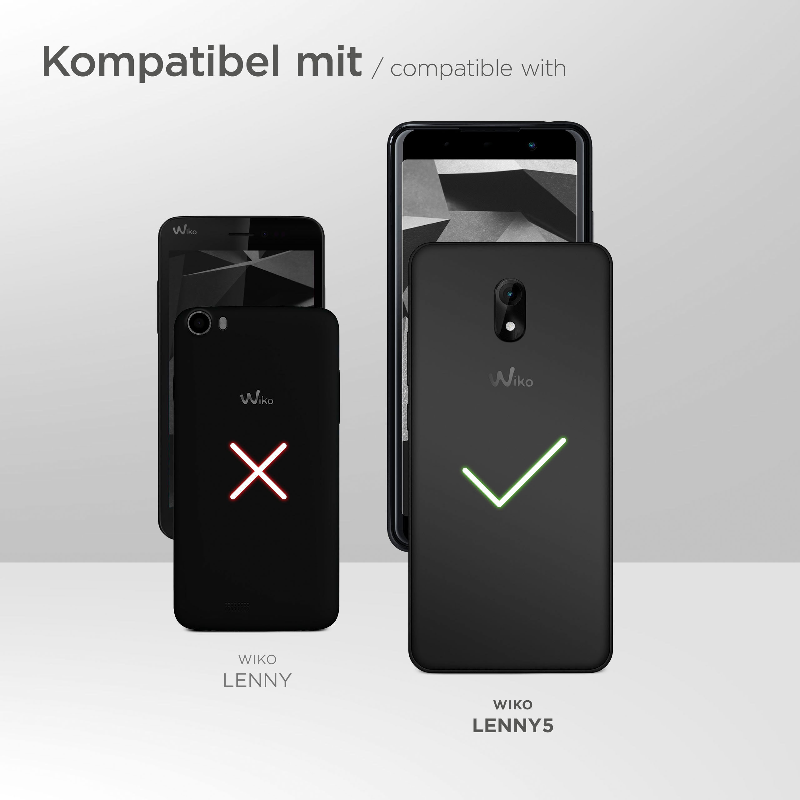 Schwarze Telefone mit weißen Haken und Kreuzen. Kompatibilitätsgrafik für Wiko Lenny und Lenny5.
