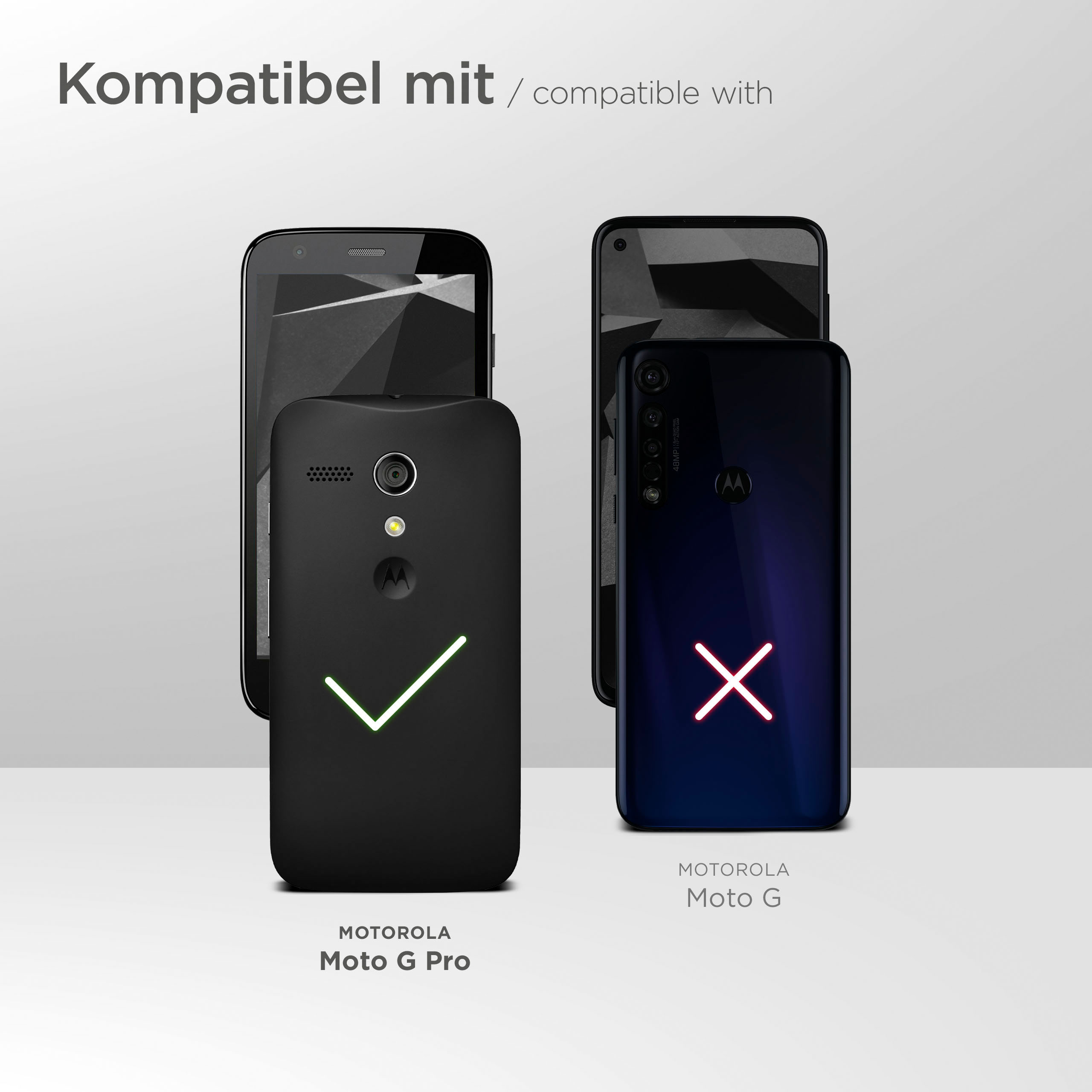 Zwei Smartphones, eines schwarz mit grünem Häkchen, das andere blau mit rotem X, nebeneinander.