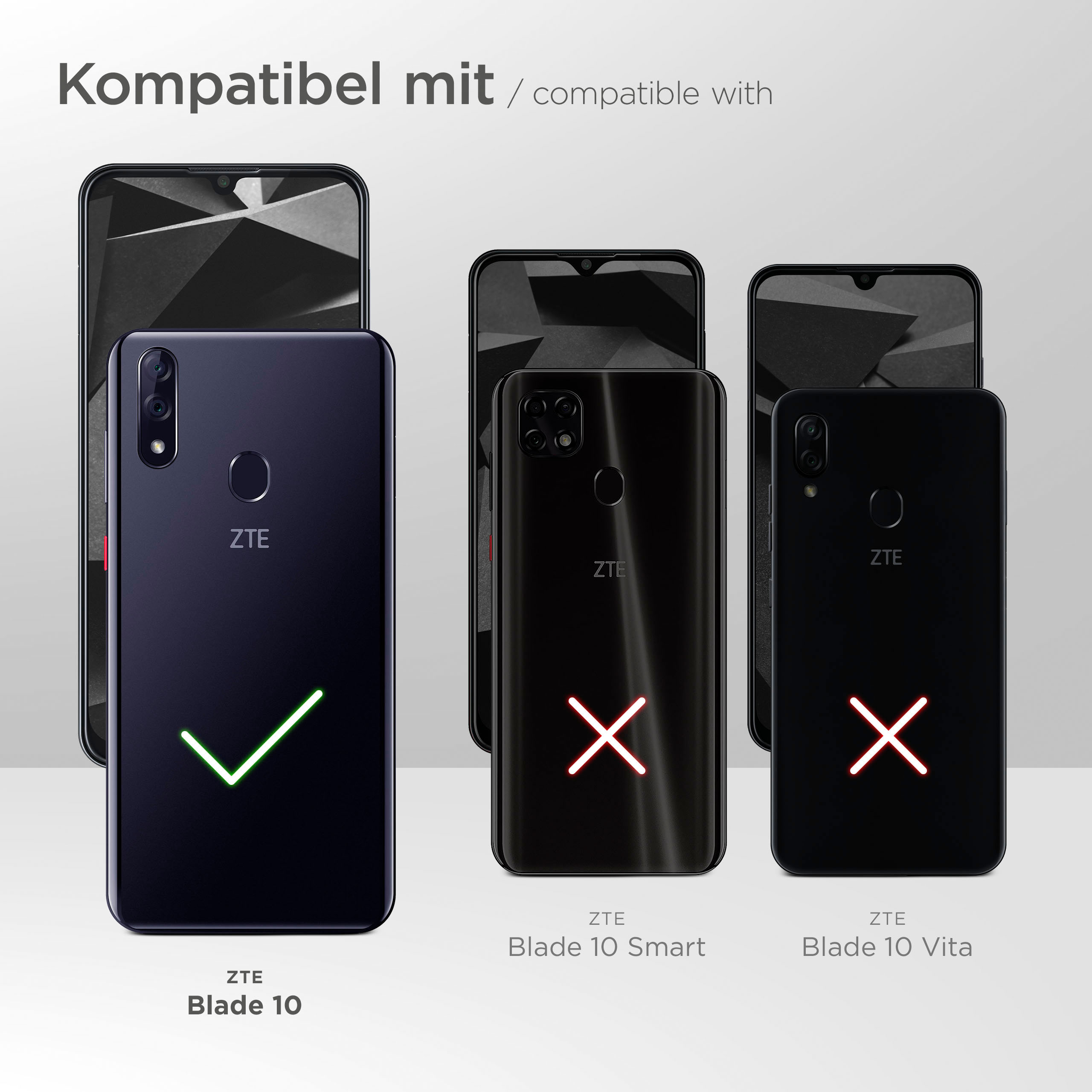 Drei Telefone mit einem Häkchen und zwei X-Markierungen. Kompatibilität für bestimmte Modelle.