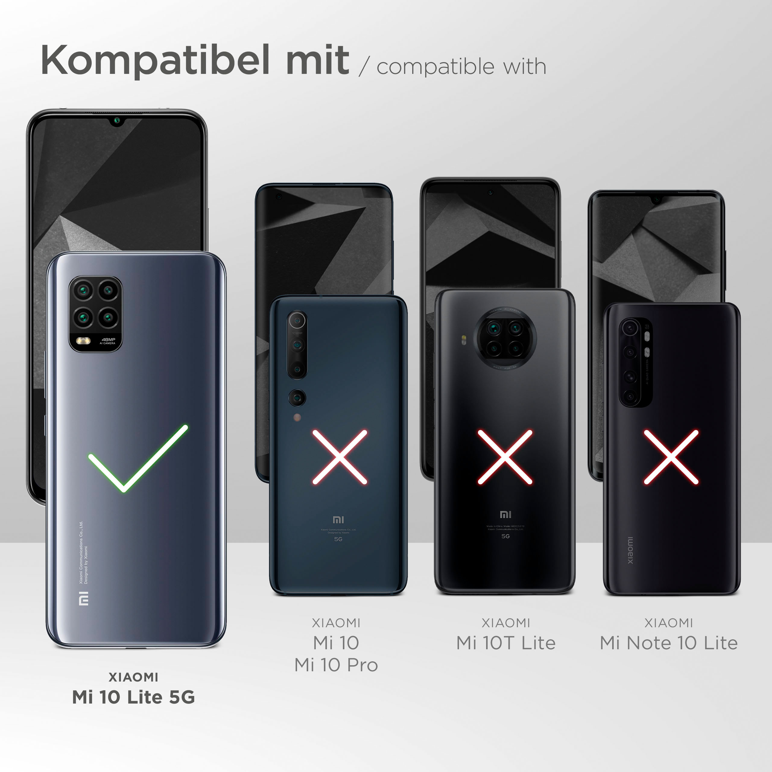 Eine Tabelle, die die Kompatibilität verschiedener Telefone mit einer Handyhülle zeigt. Xiaomi Mi 10 Lite 5G ist kompatibel.