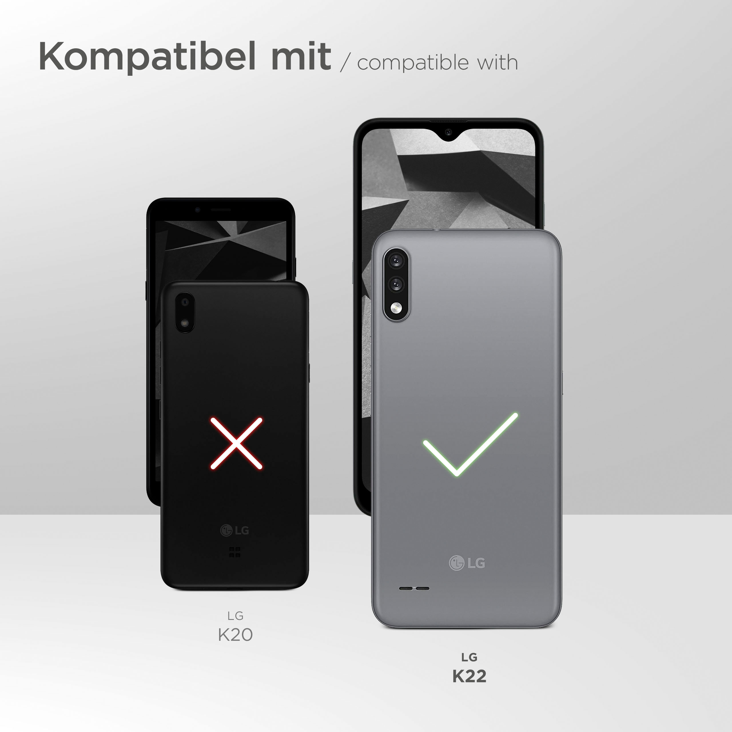 Drei Telefone, zwei schwarze und ein graues, mit einem Häkchen auf dem kompatiblen grauen Telefon.