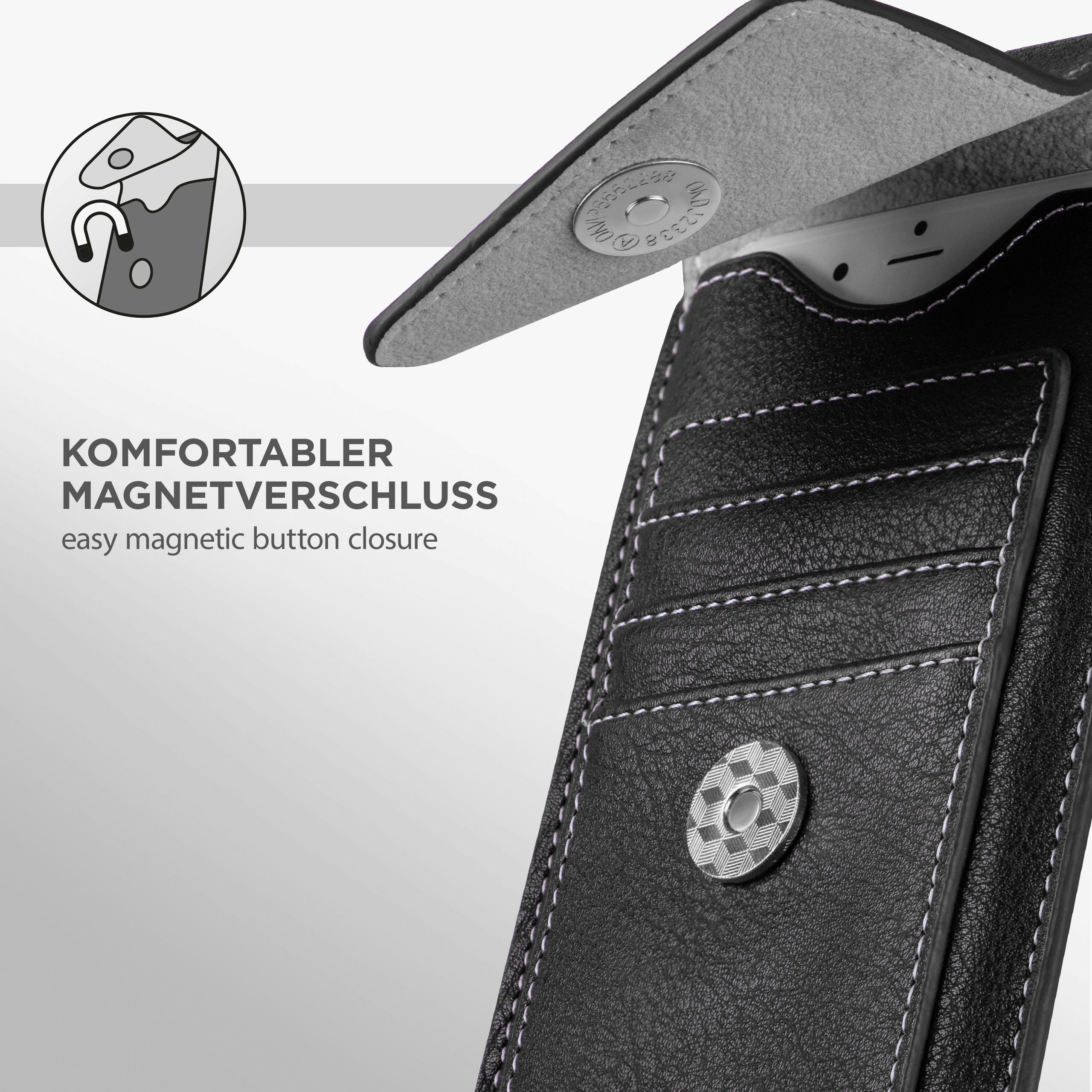 Schwarze Handyhülle mit weißen Nähten und Magnetverschluss. Das Telefon ist innen.