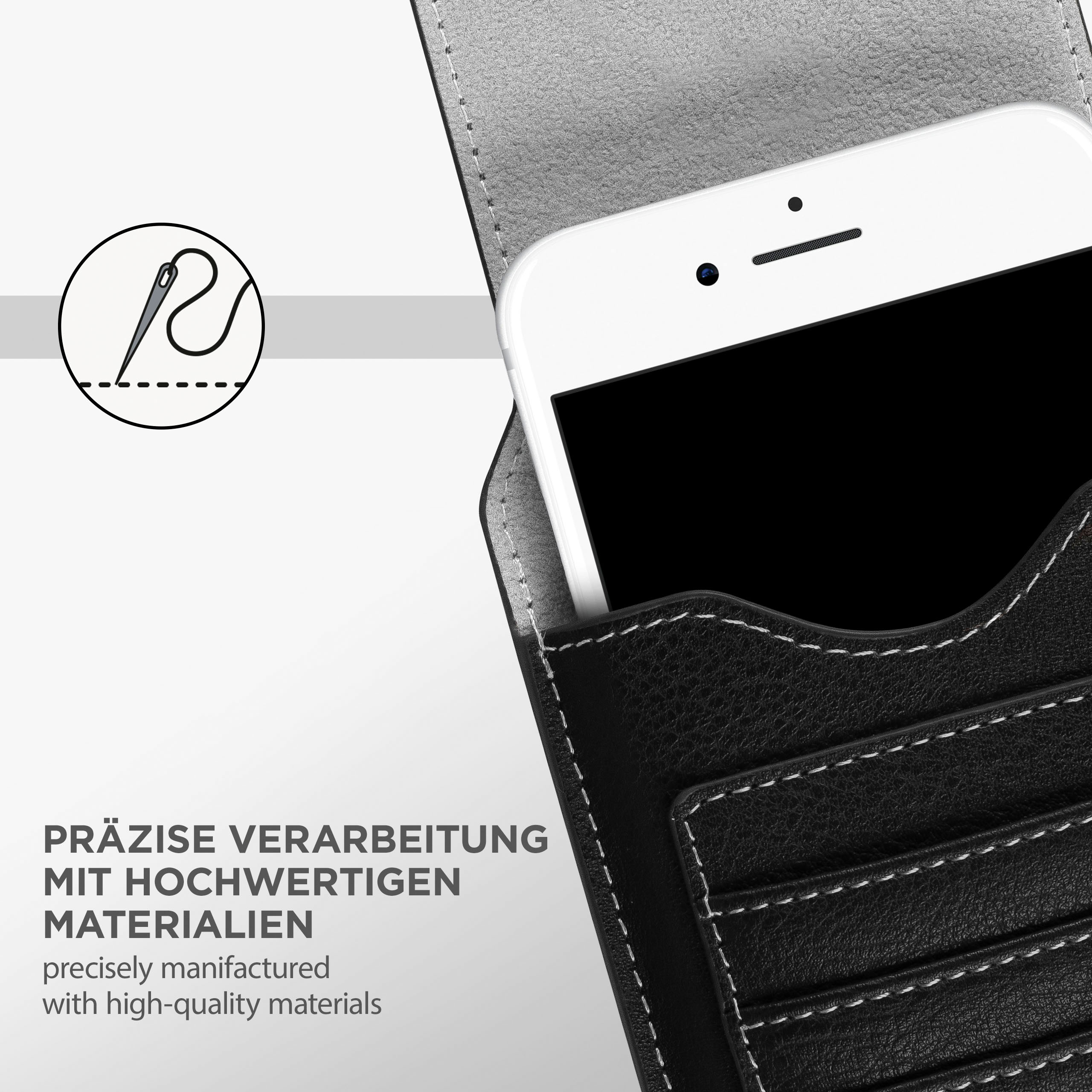 Nahaufnahme eines Telefons in einer schwarzen Lederbrieftasche. Text: präzise gefertigt mit hochwertigen Materialien.
