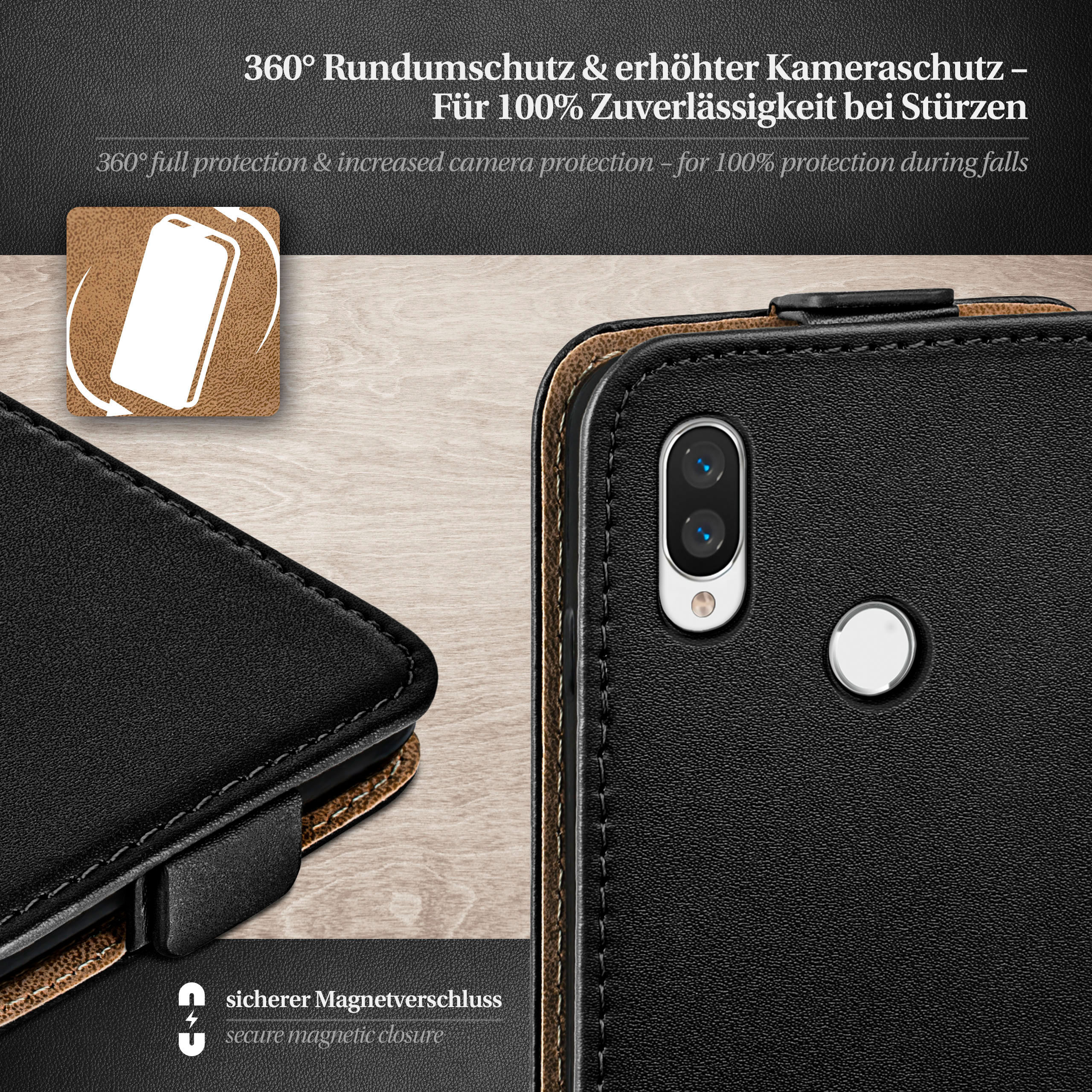 Schwarze Handyhülle mit Text über Schutz und sicheren Magnetverschluss.