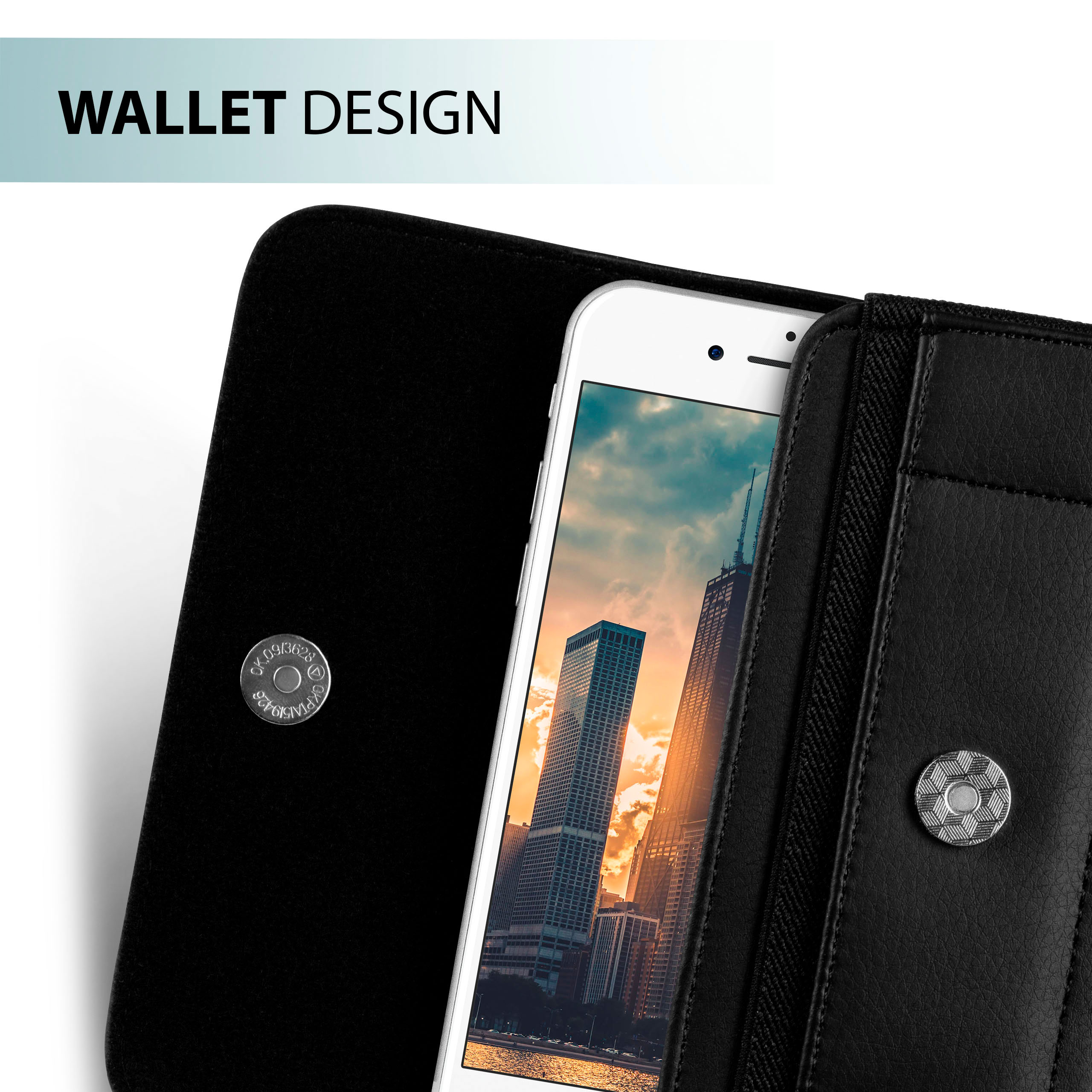 Nahaufnahme einer schwarzen Handyhülle im Brieftaschenstil, mit Skyline sichtbar.