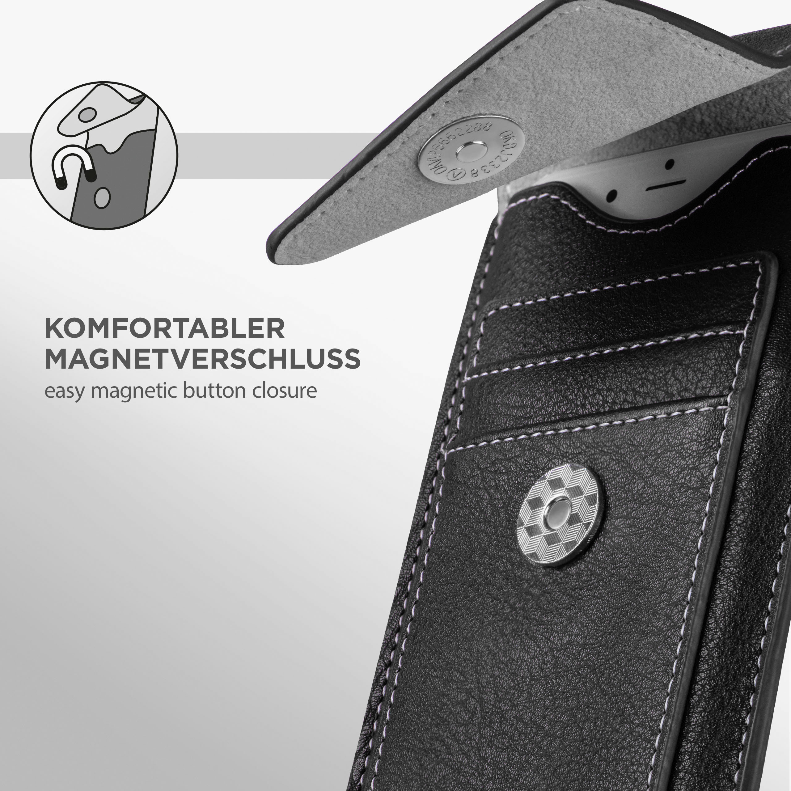 Schwarze Handyhülle mit Magnetverschluss. Nahaufnahme des Magnetverschlusses.