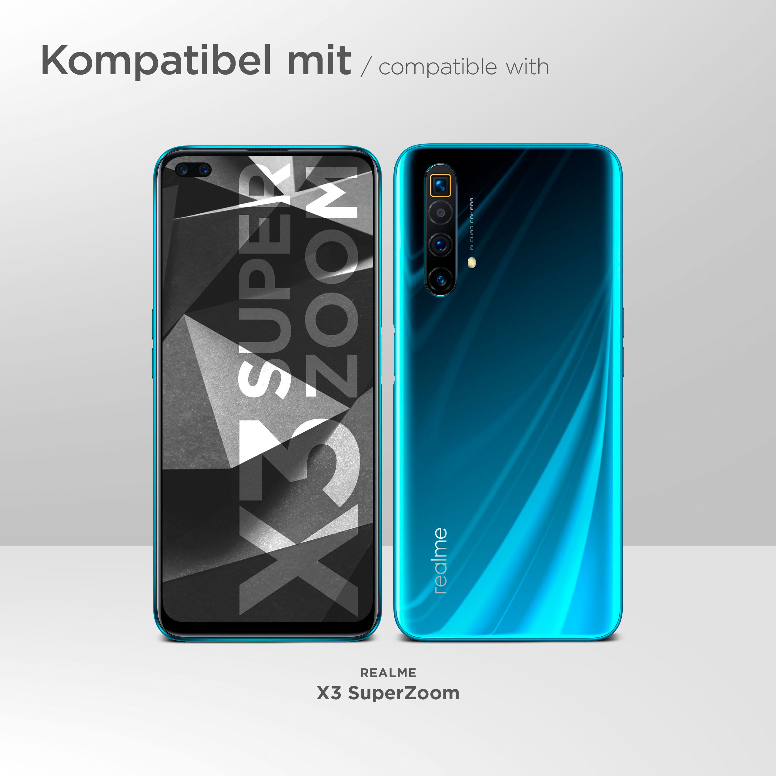 Zwei türkisfarbene Smartphones. Eines zeigt eine Grafik, das andere 4 Kameras.