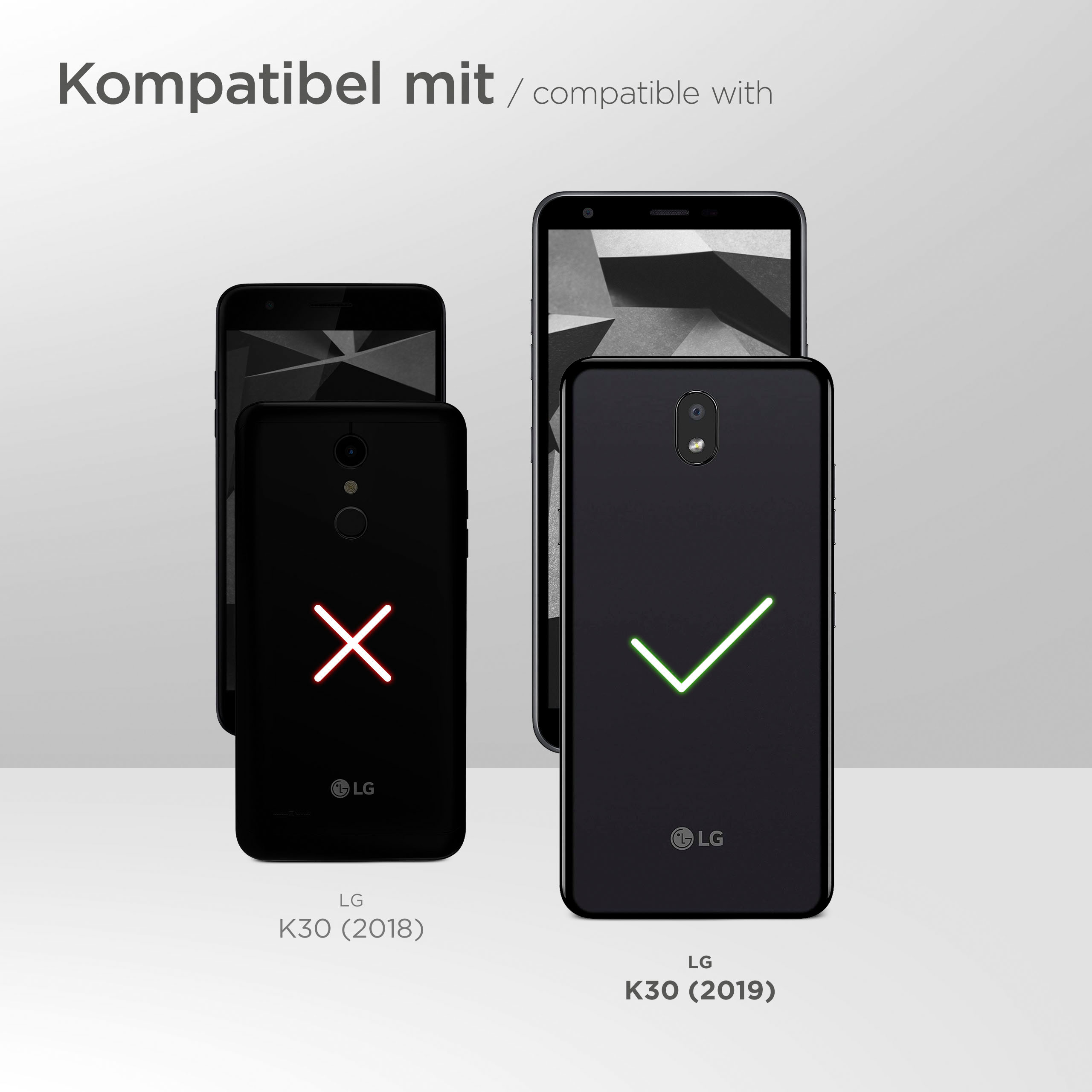 Vergleich von zwei LG-Telefonen, eines kompatibel, eines nicht. Text: kompatibel mit LG K30 (2019).