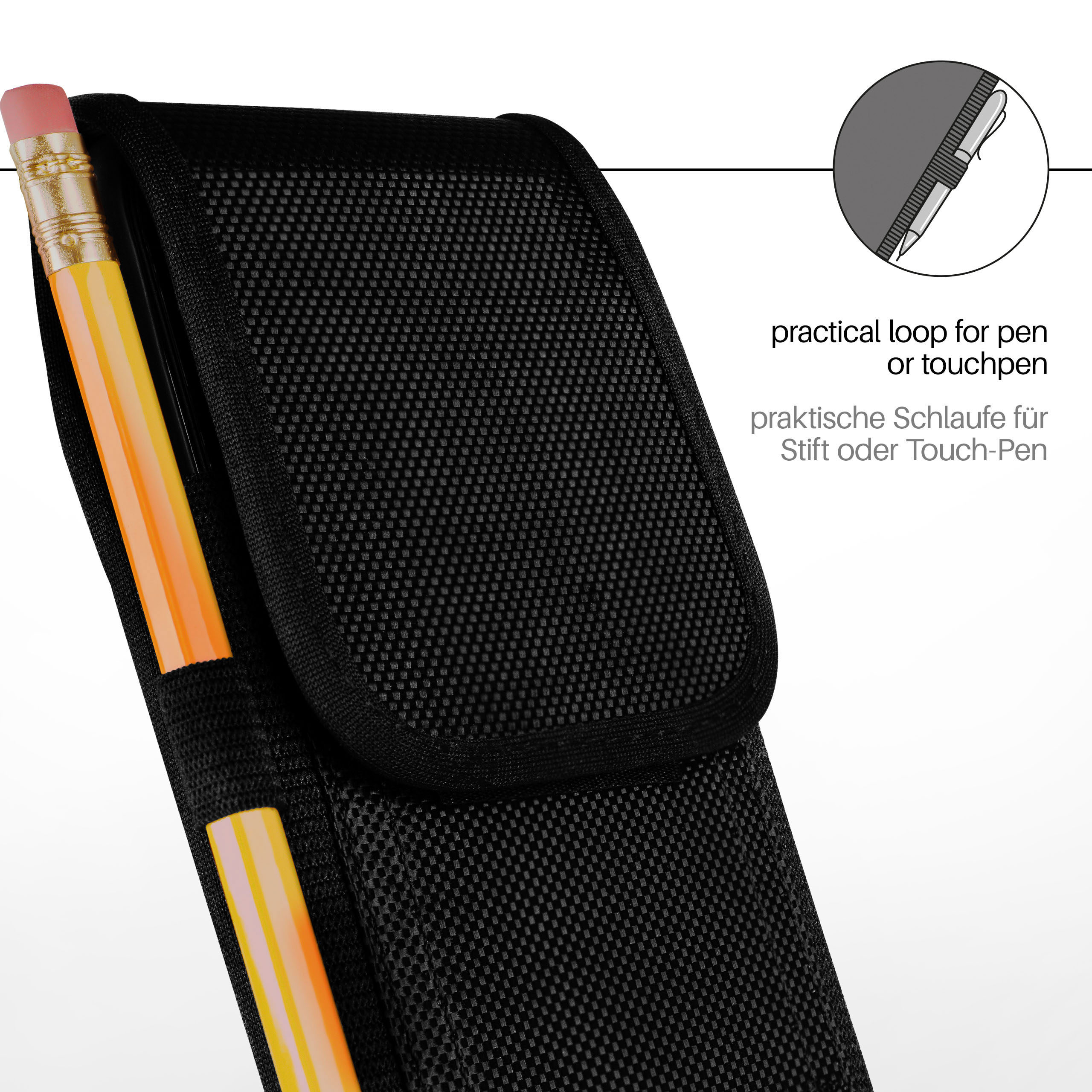 Schwarzes Etui mit Bleistift. Praktische Schlaufe für Stift oder Touchpen. Nahaufnahme des Etuis.