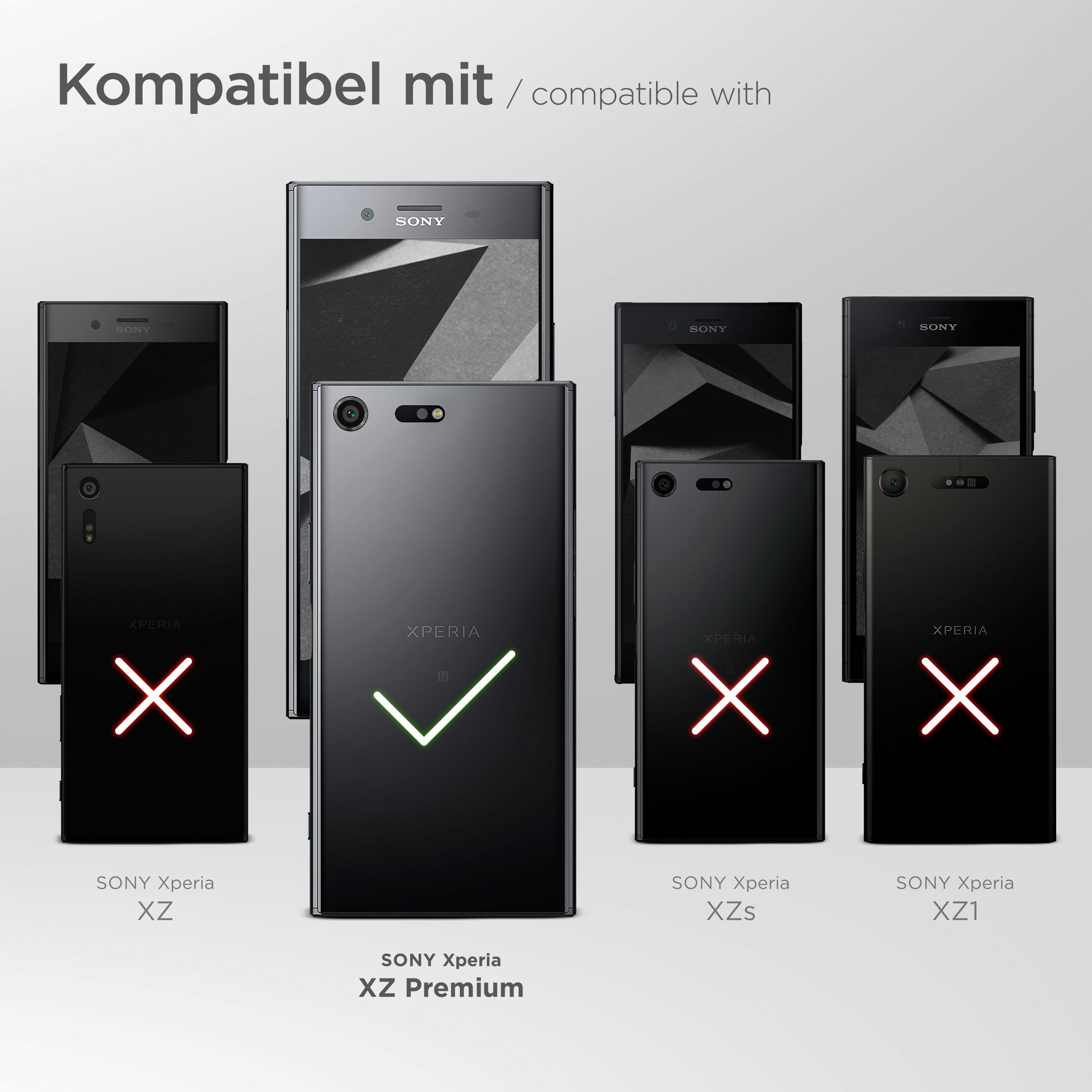 Bild zeigt verschiedene schwarze Smartphones mit unterschiedlichen XPERIA-Modellen. Nur eines ist kompatibel.