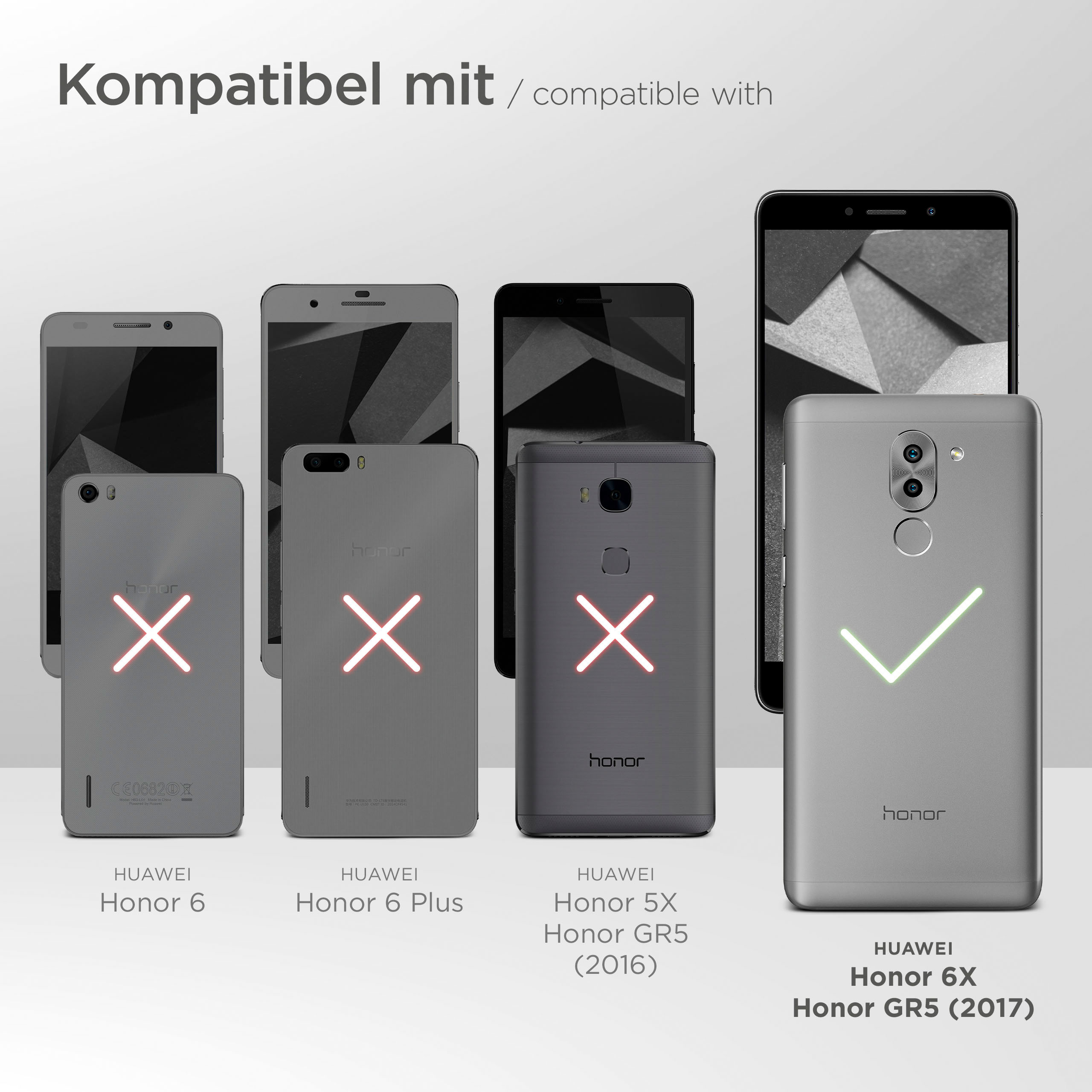 Telefone mit Häkchen und X-Markierungen, die die Kompatibilität mit einer Handyhülle zeigen.