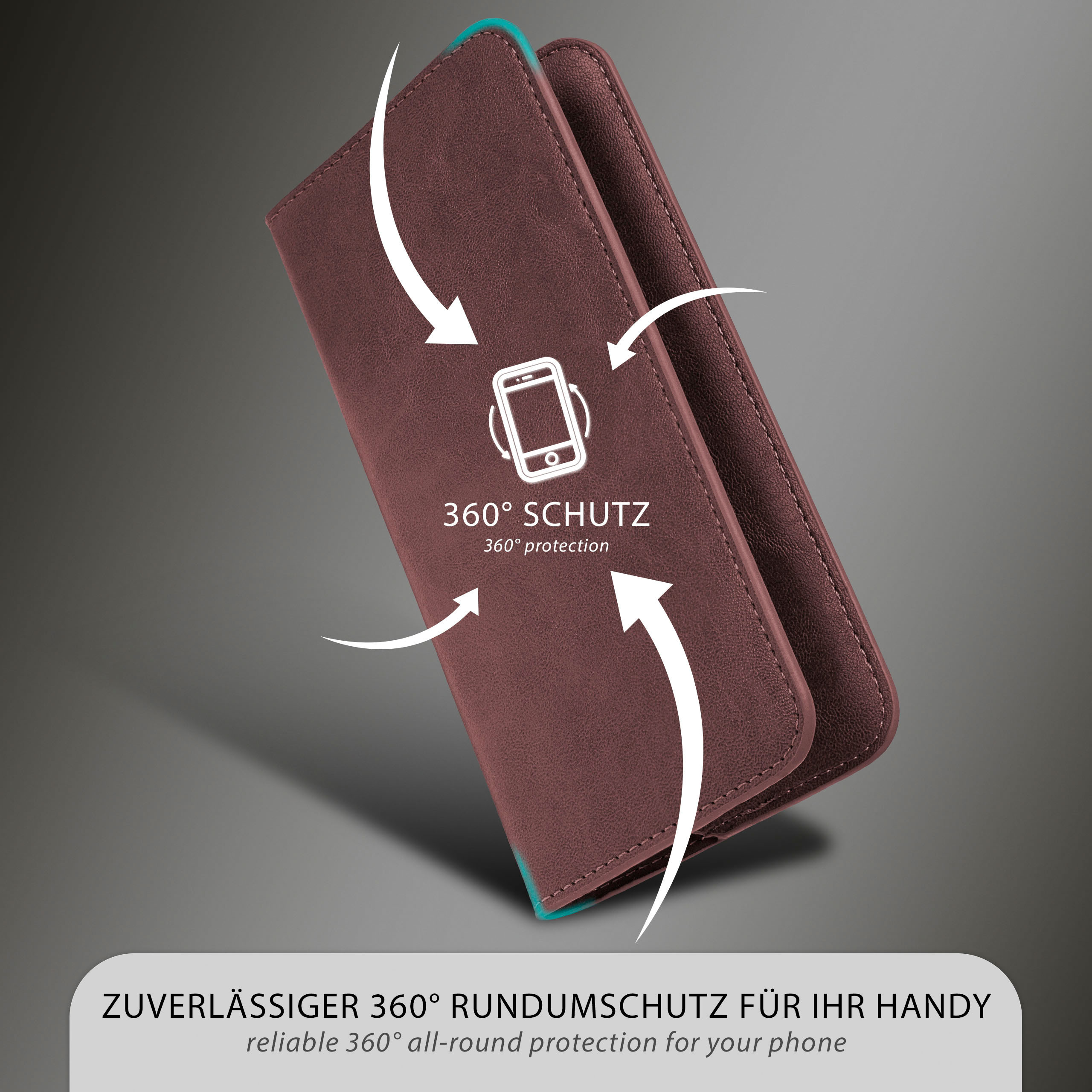 Braune Handyhülle mit Telefon, umgeben von Pfeilen, die 360-Grad-Schutz anzeigen.