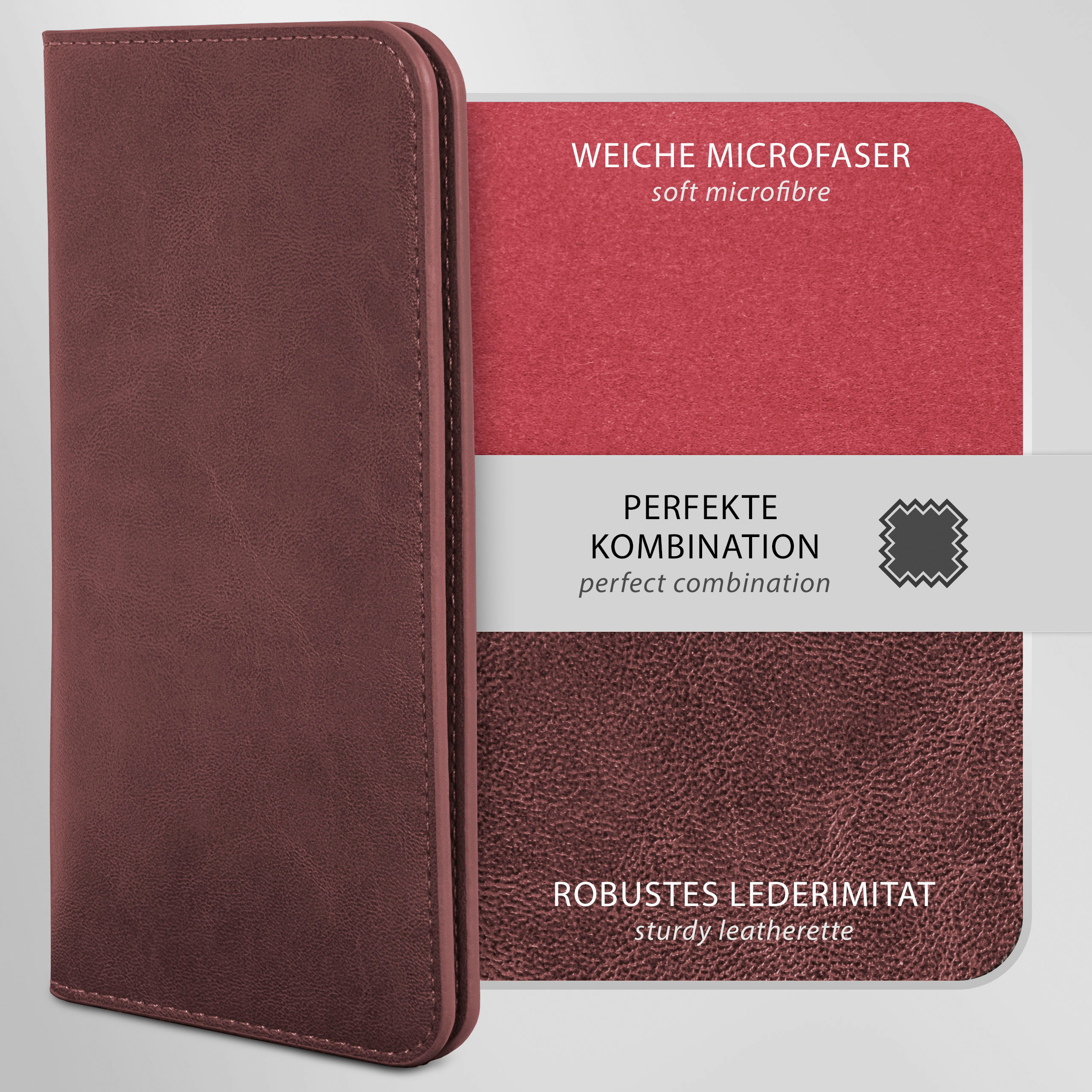 Eine weinrote Handyhülle mit roter Mikrofaser und braunem Kunstleder-Muster auf weißem Hintergrund.