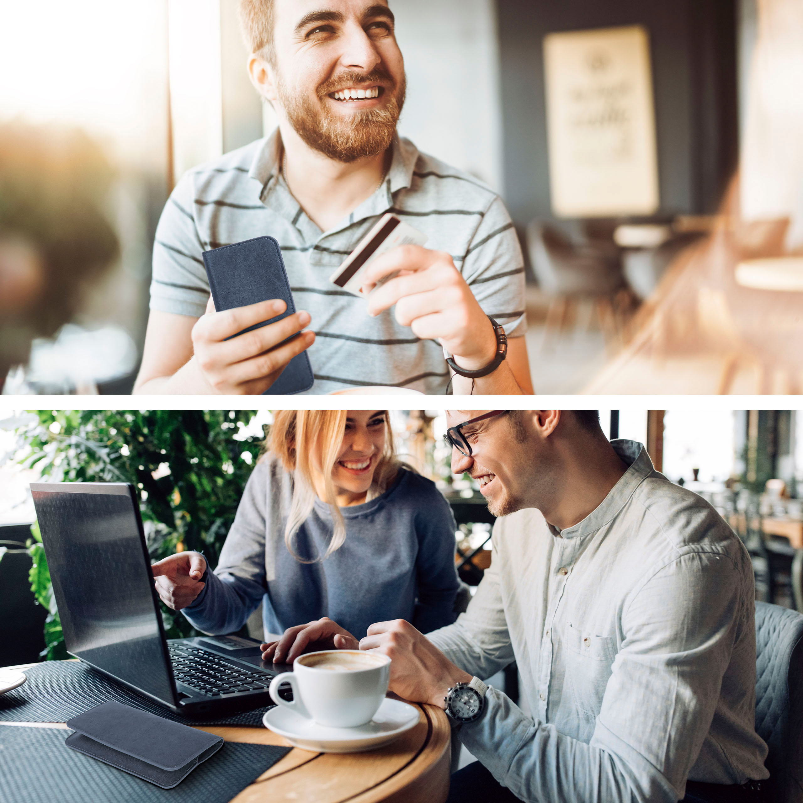 Mann hält Telefon und Kreditkarte, lächelt. Frau und Mann am Tisch mit Laptop, Kaffee.
