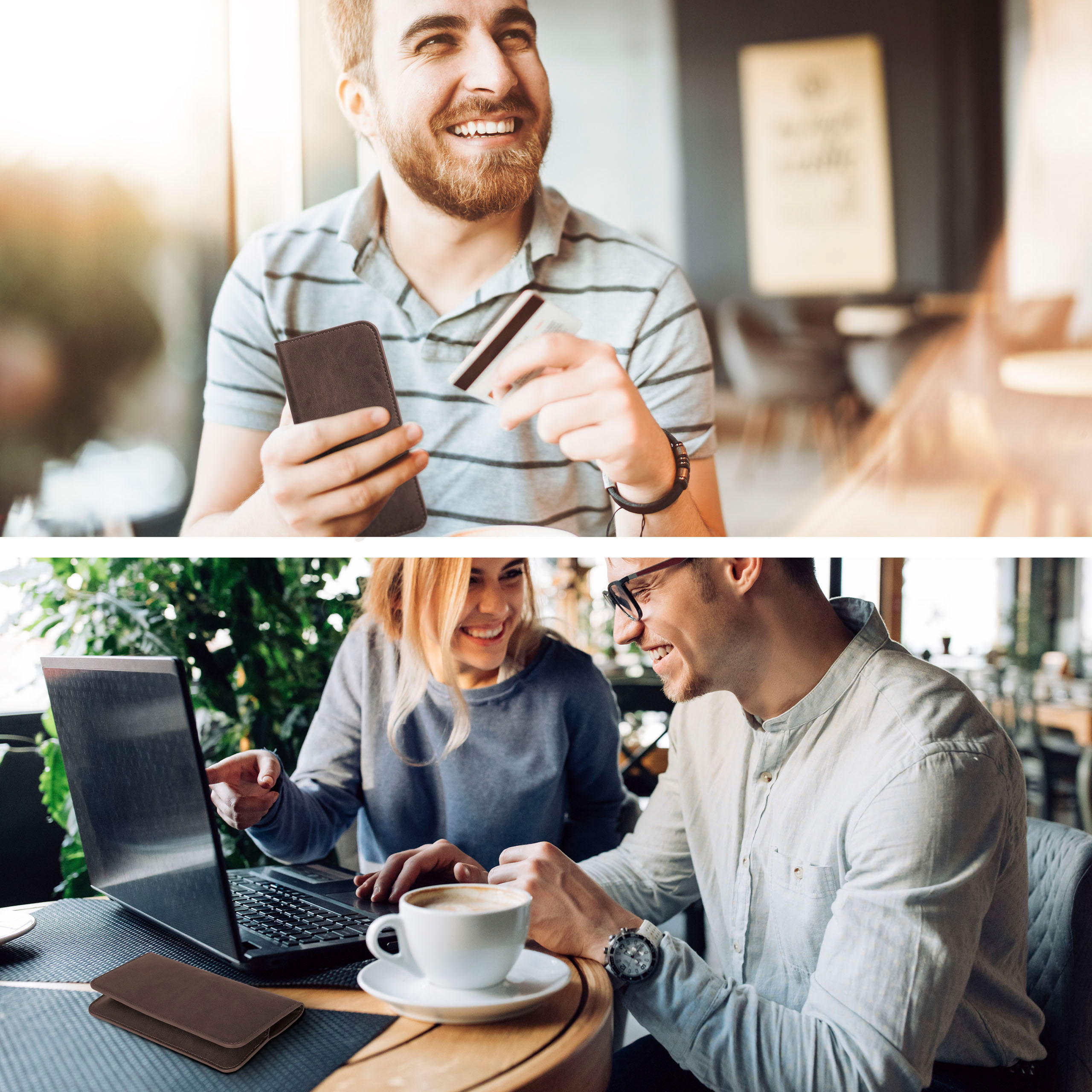 Zwei Bilder, die Menschen online zeigen. Eines mit Telefon und Kreditkarte, das andere mit Laptop.